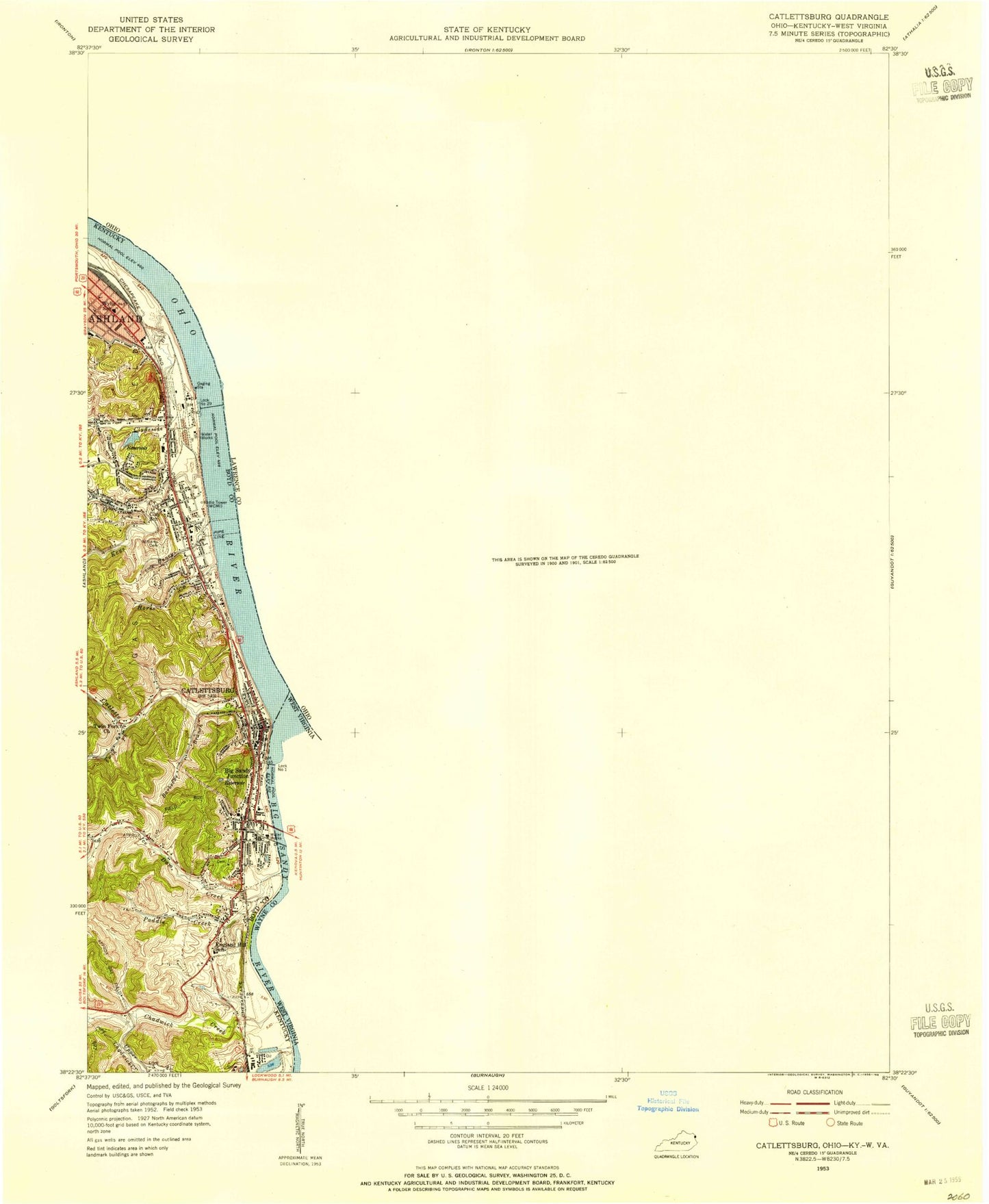 Classic USGS Catlettsburg Kentucky 7.5'x7.5' Topo Map Image