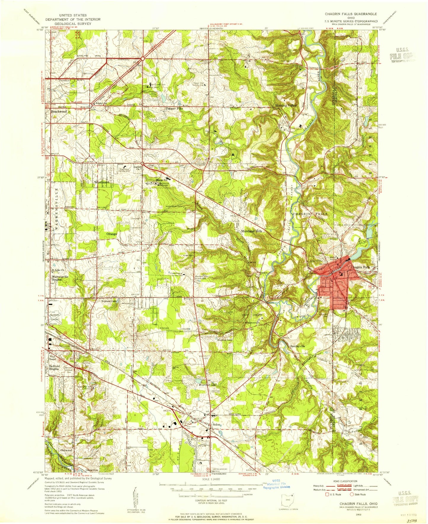 Classic USGS Chagrin Falls Ohio 7.5'x7.5' Topo Map Image