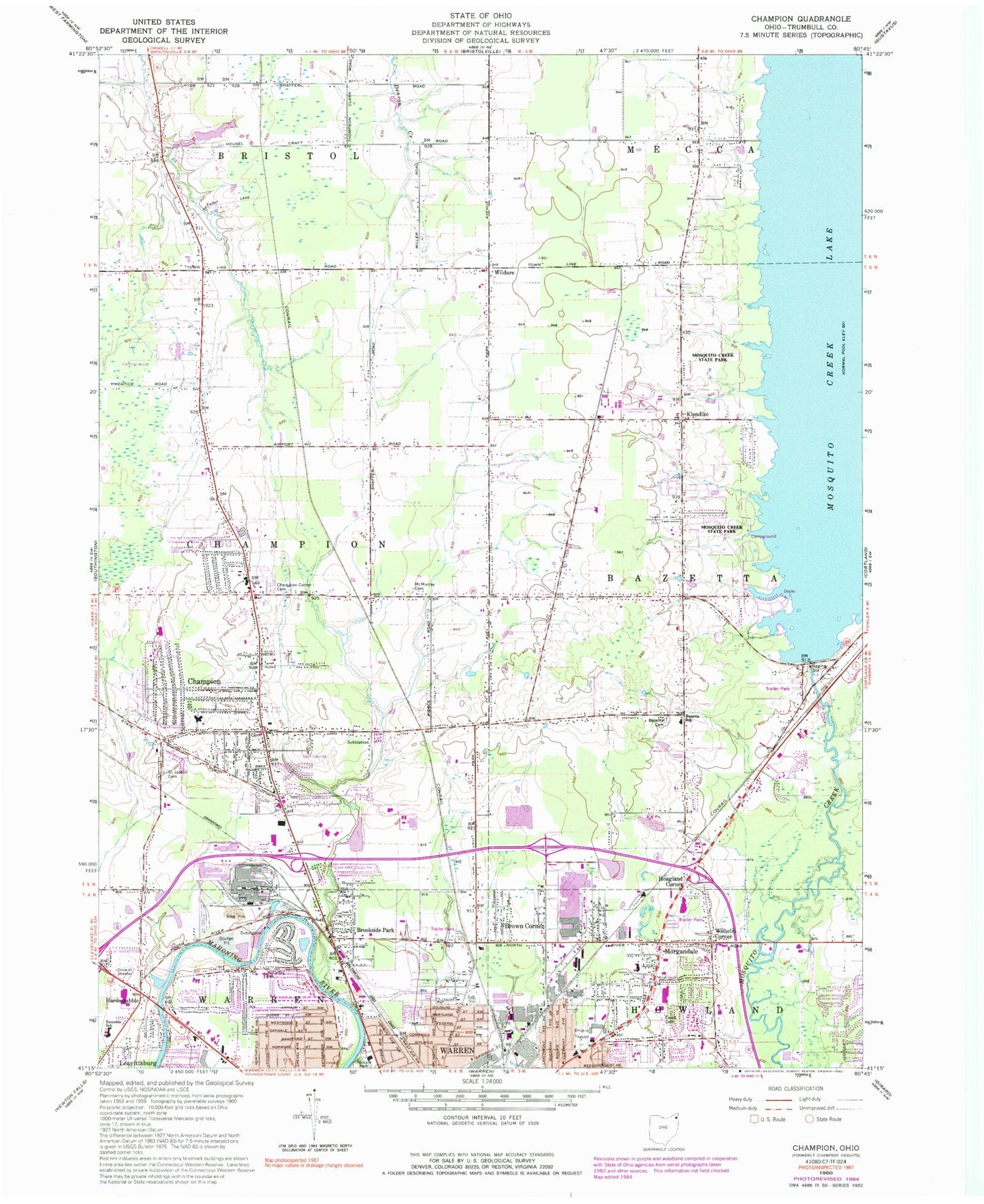 Classic USGS Champion Ohio 7.5'x7.5' Topo Map Image