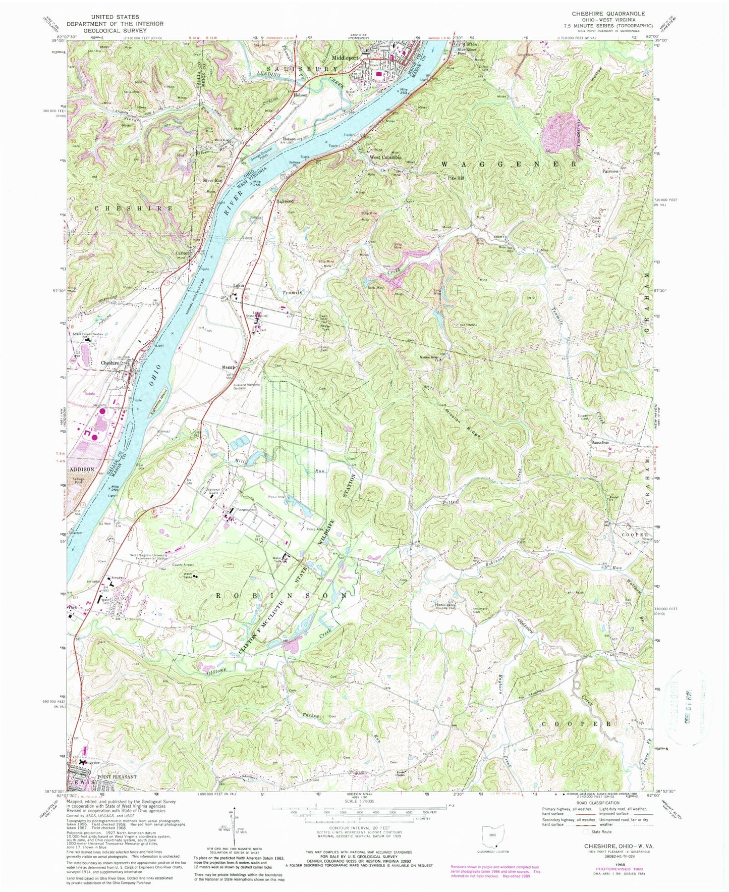 Classic USGS Cheshire Ohio 7.5'x7.5' Topo Map Image