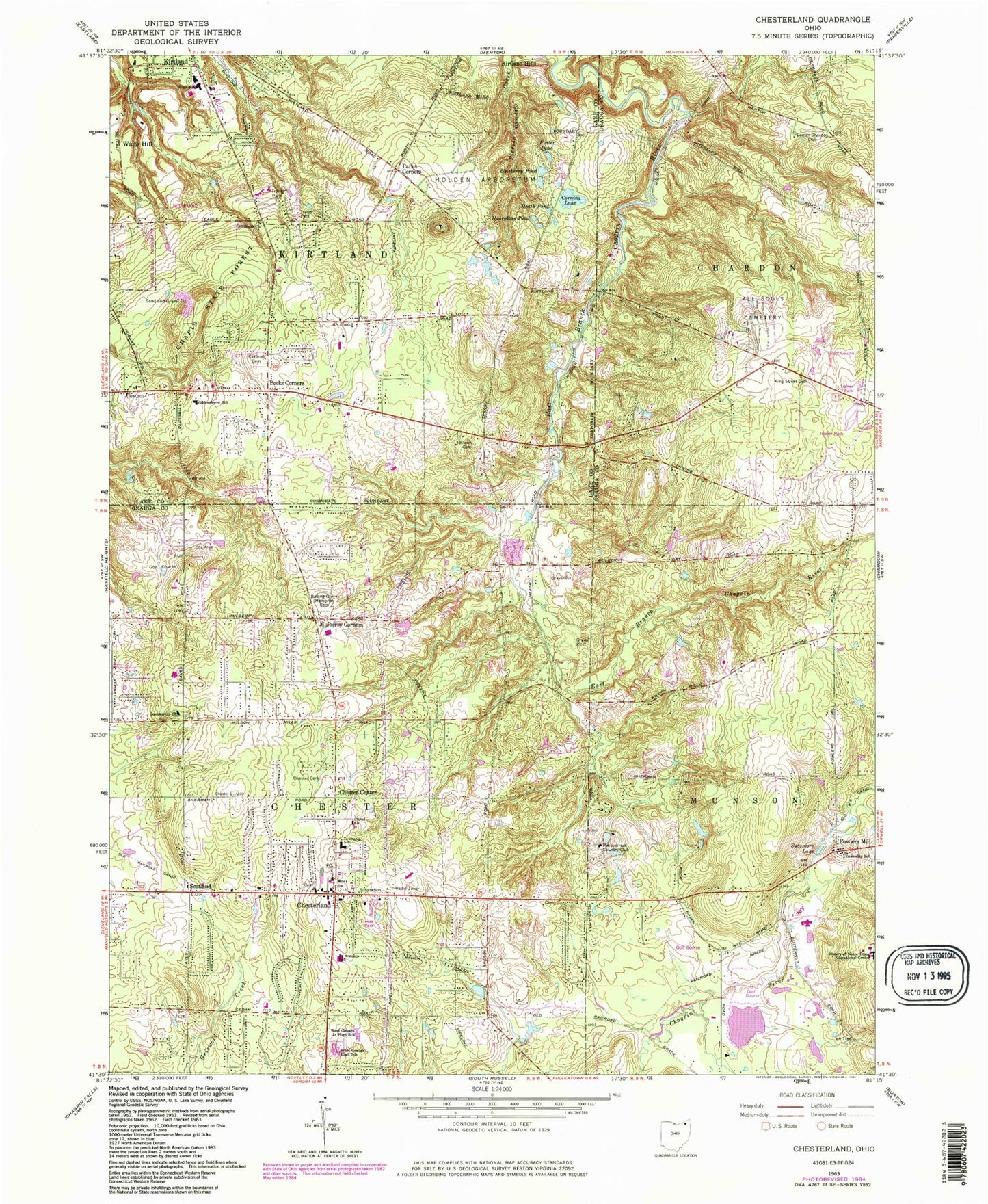 Classic USGS Chesterland Ohio 7.5'x7.5' Topo Map Image