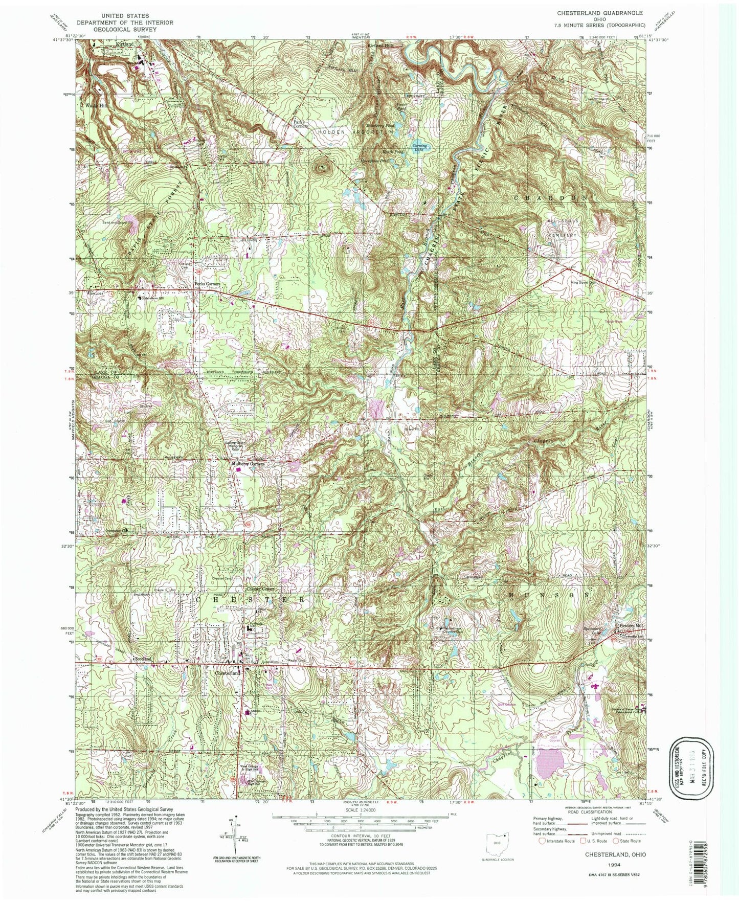 Classic USGS Chesterland Ohio 7.5'x7.5' Topo Map Image
