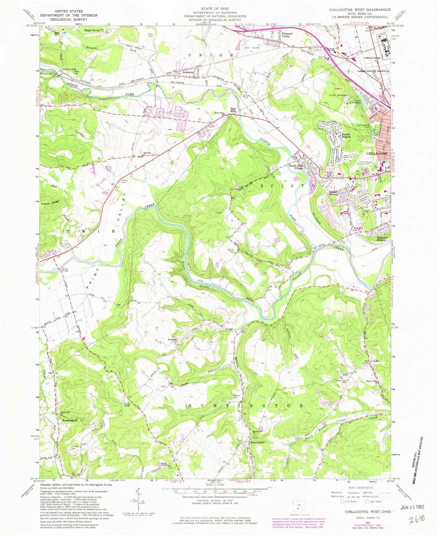 Classic USGS Chillicothe West Ohio 7.5'x7.5' Topo Map Image