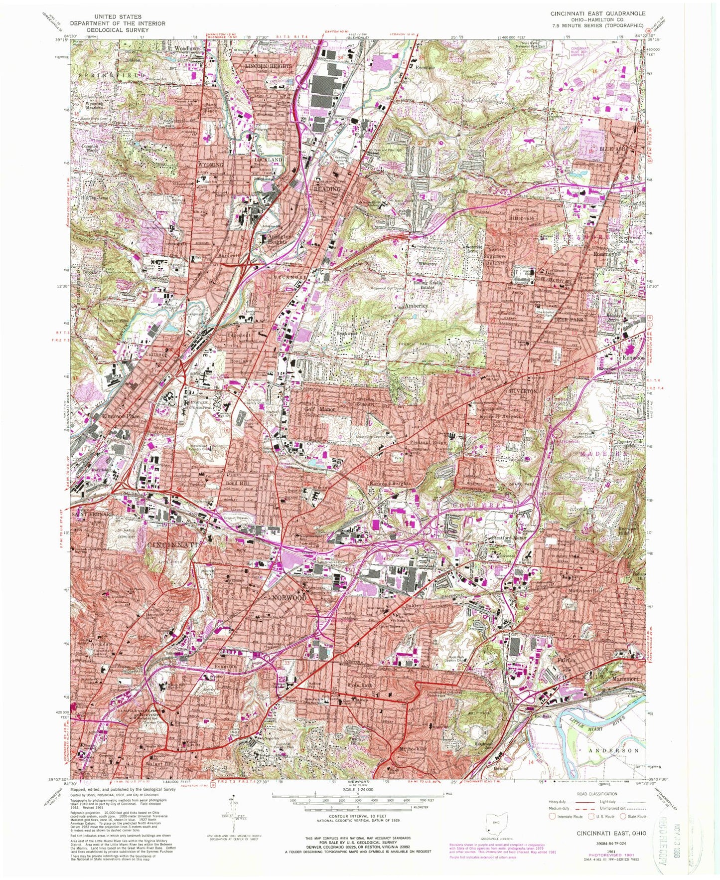 Classic USGS Cincinnati East Ohio 7.5'x7.5' Topo Map Image