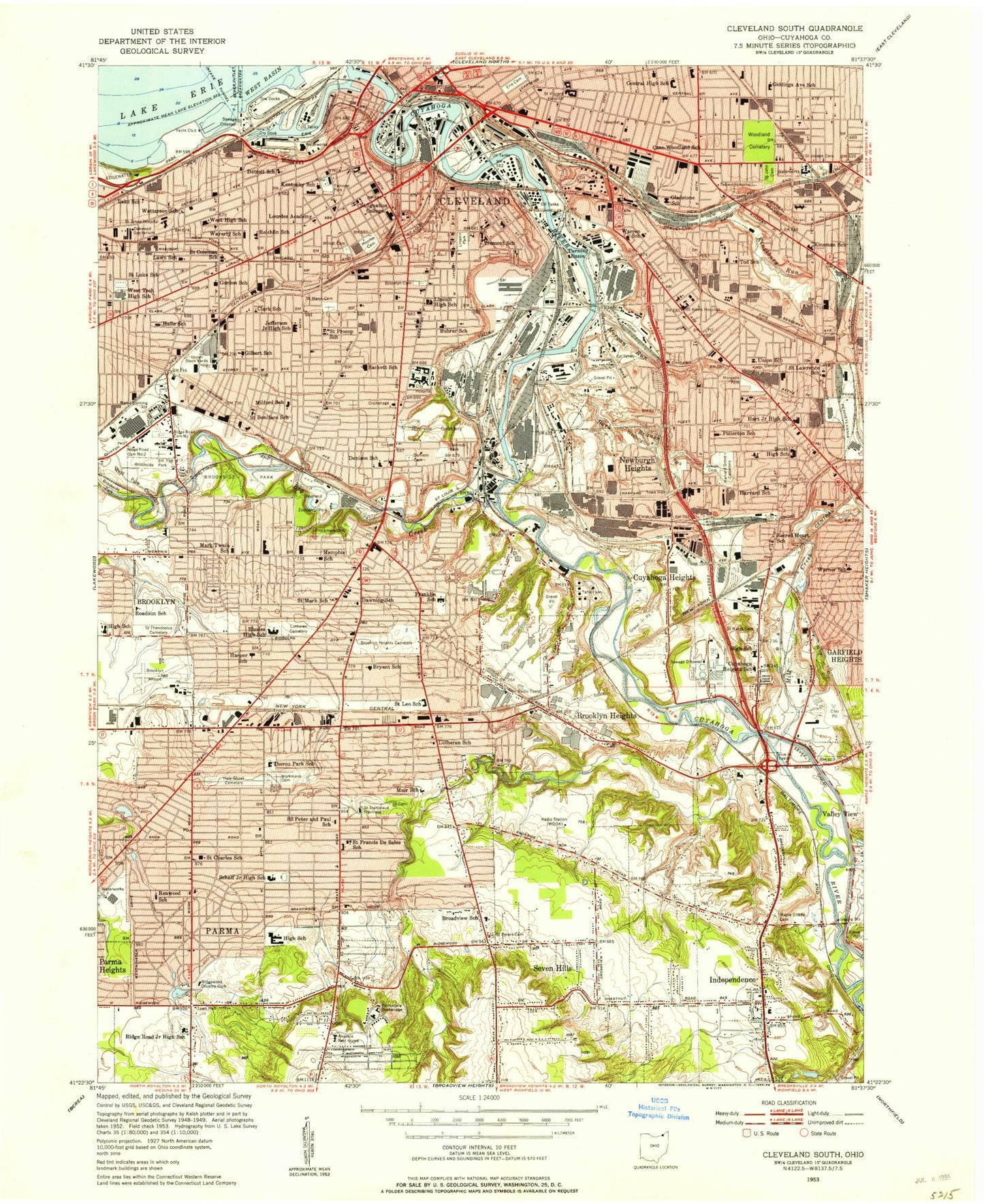 Classic USGS Cleveland South Ohio 7.5'x7.5' Topo Map Image
