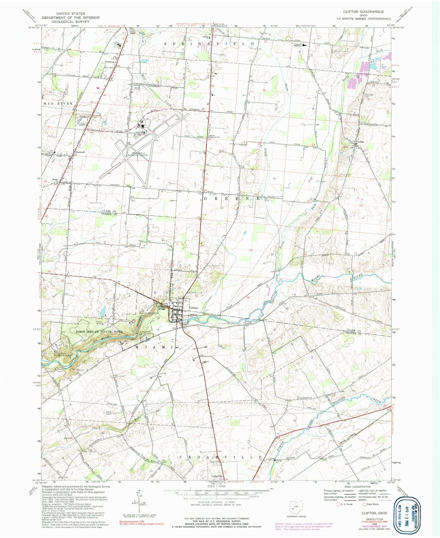 Classic USGS Clifton Ohio 7.5'x7.5' Topo Map Image