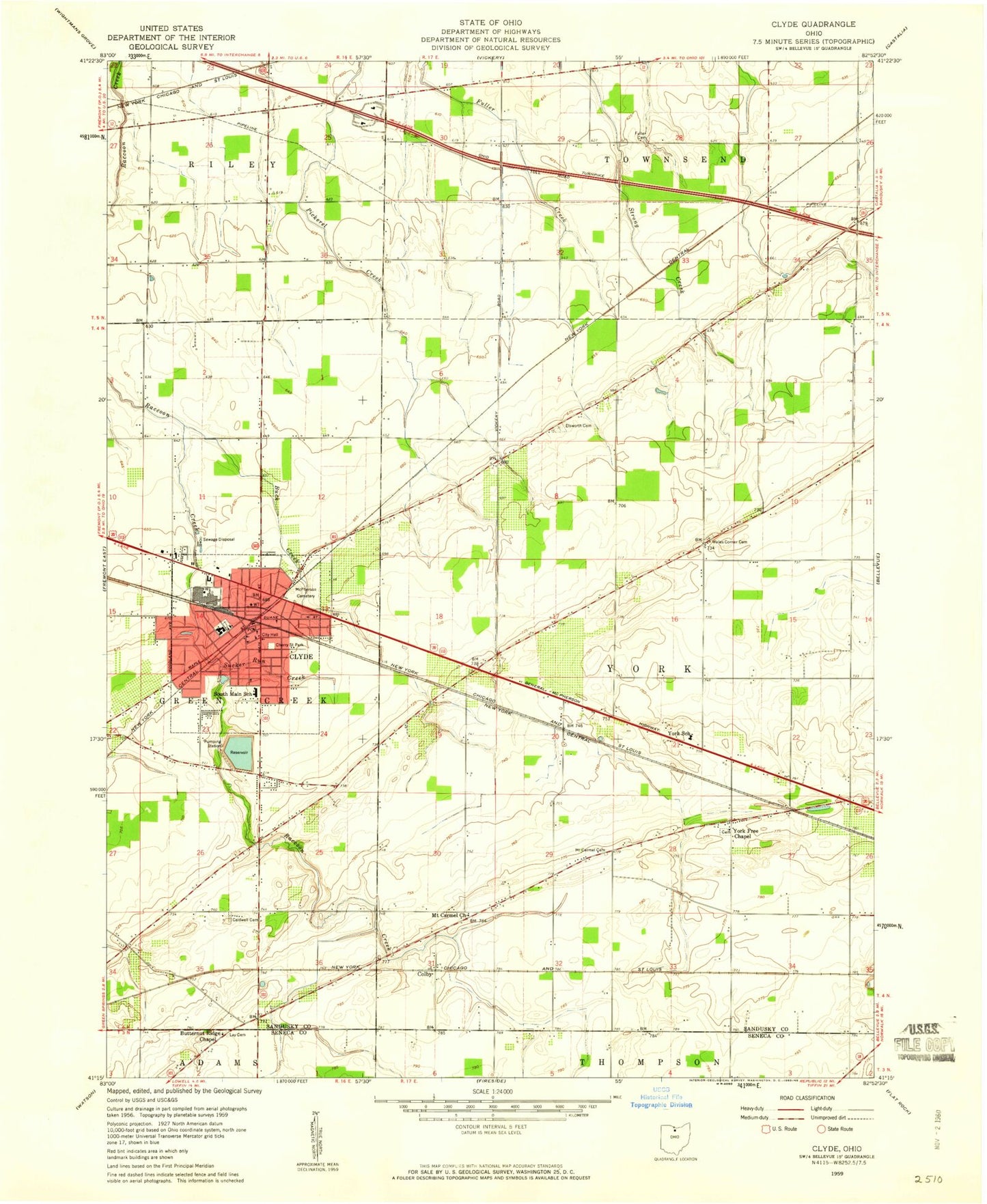 Classic USGS Clyde Ohio 7.5'x7.5' Topo Map Image