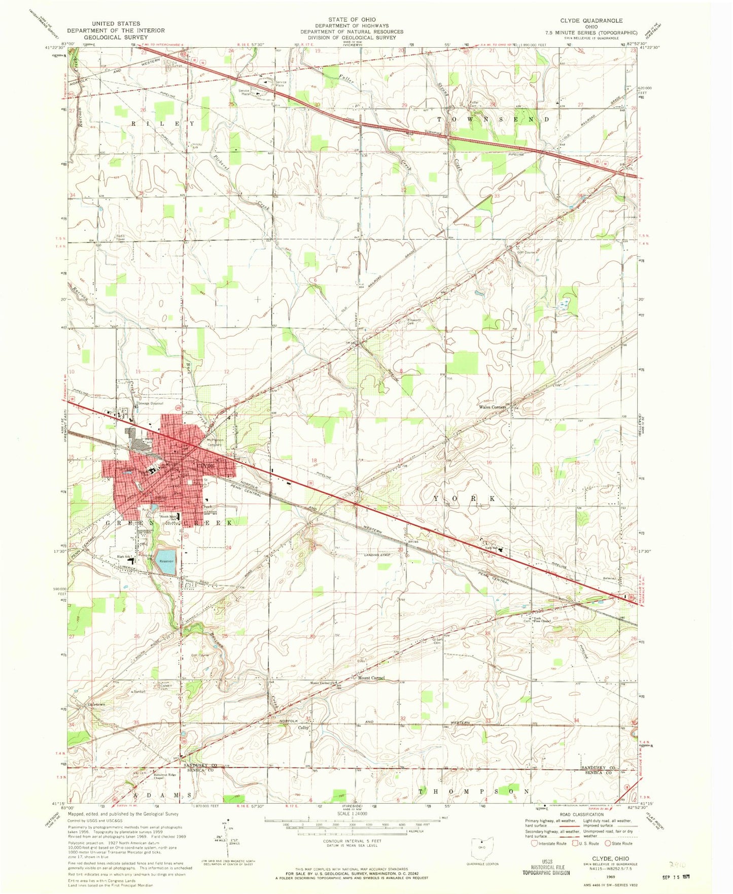 Classic USGS Clyde Ohio 7.5'x7.5' Topo Map Image