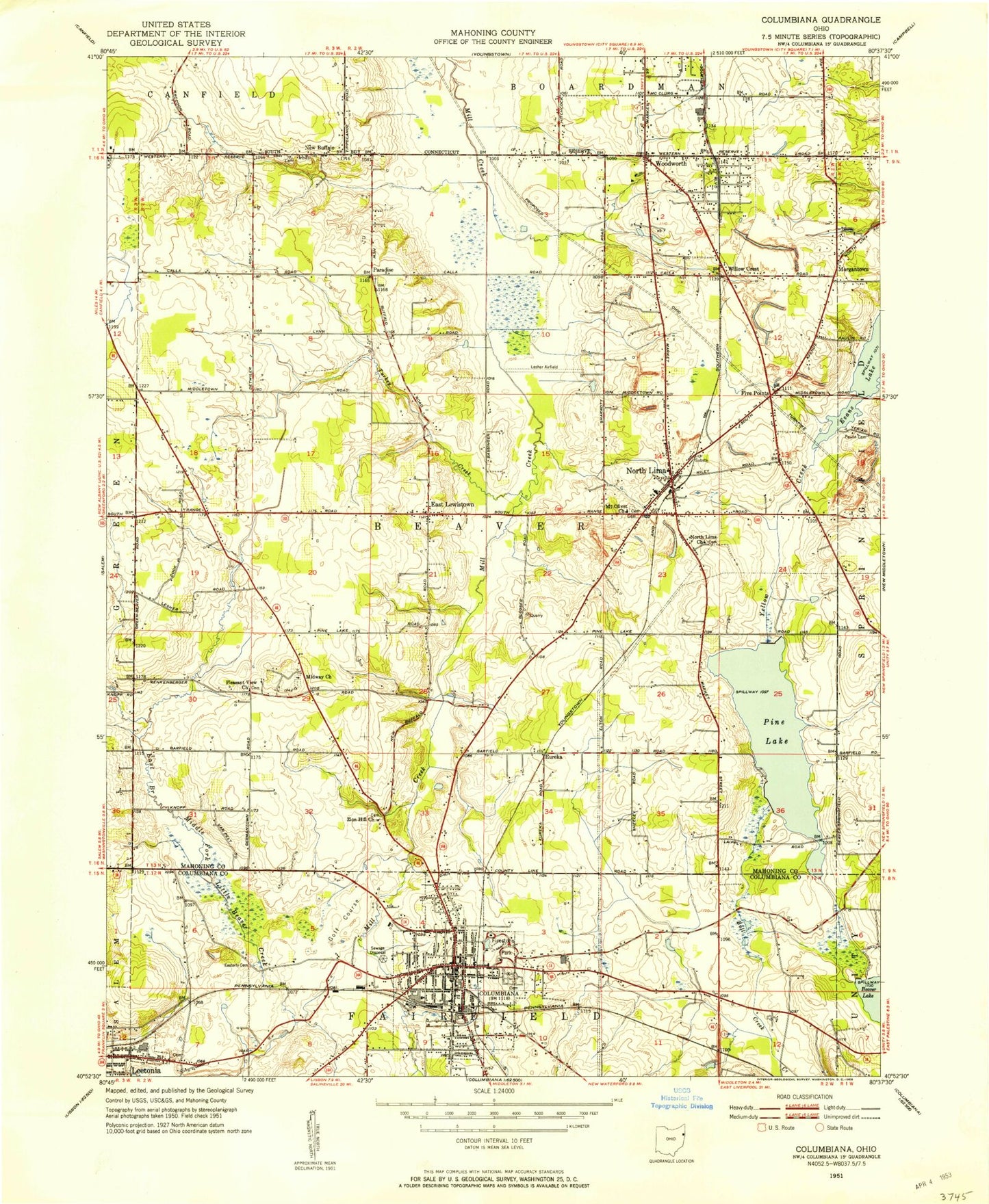 Classic USGS Columbiana Ohio 7.5'x7.5' Topo Map Image