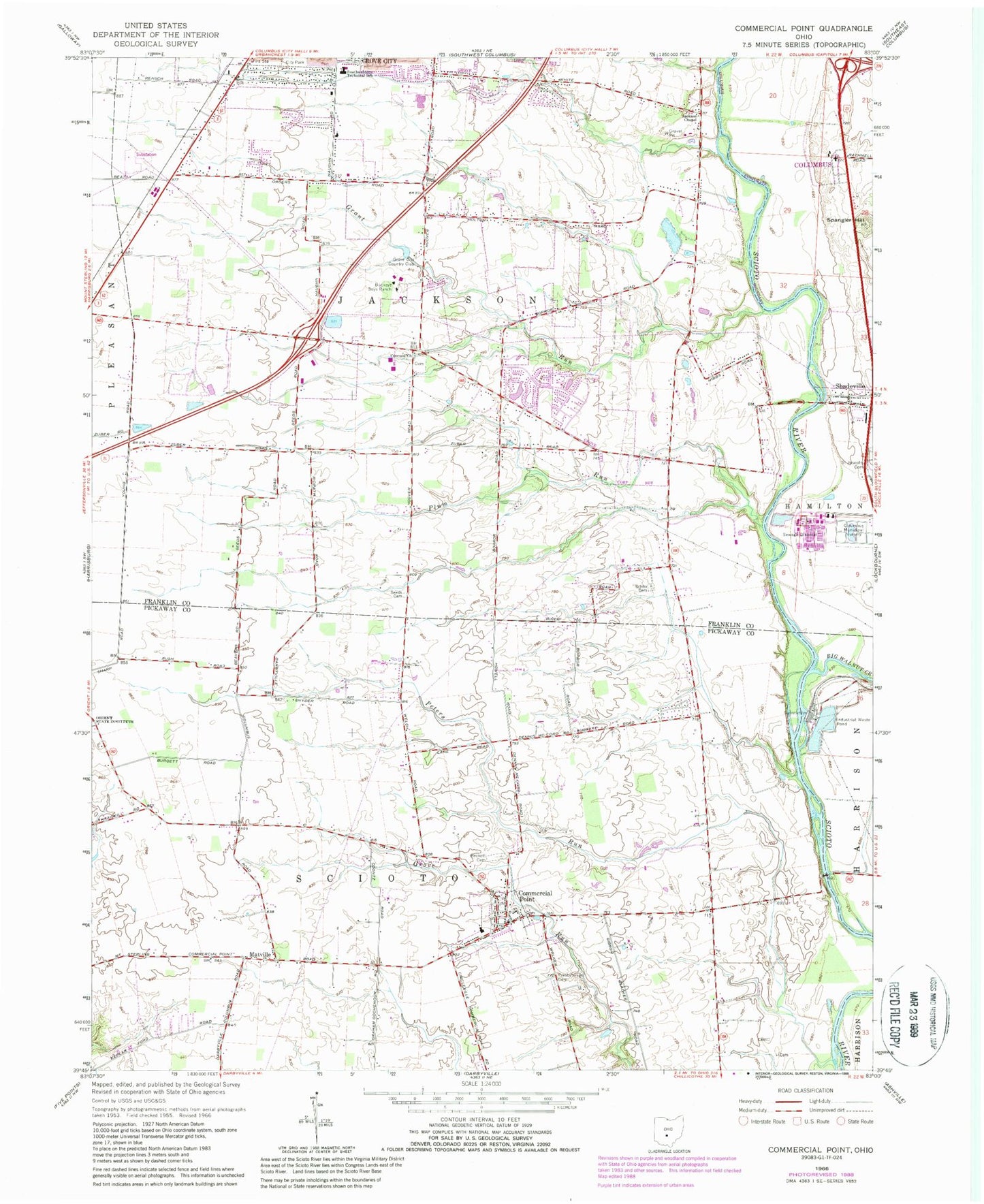 Classic USGS Commercial Point Ohio 7.5'x7.5' Topo Map Image