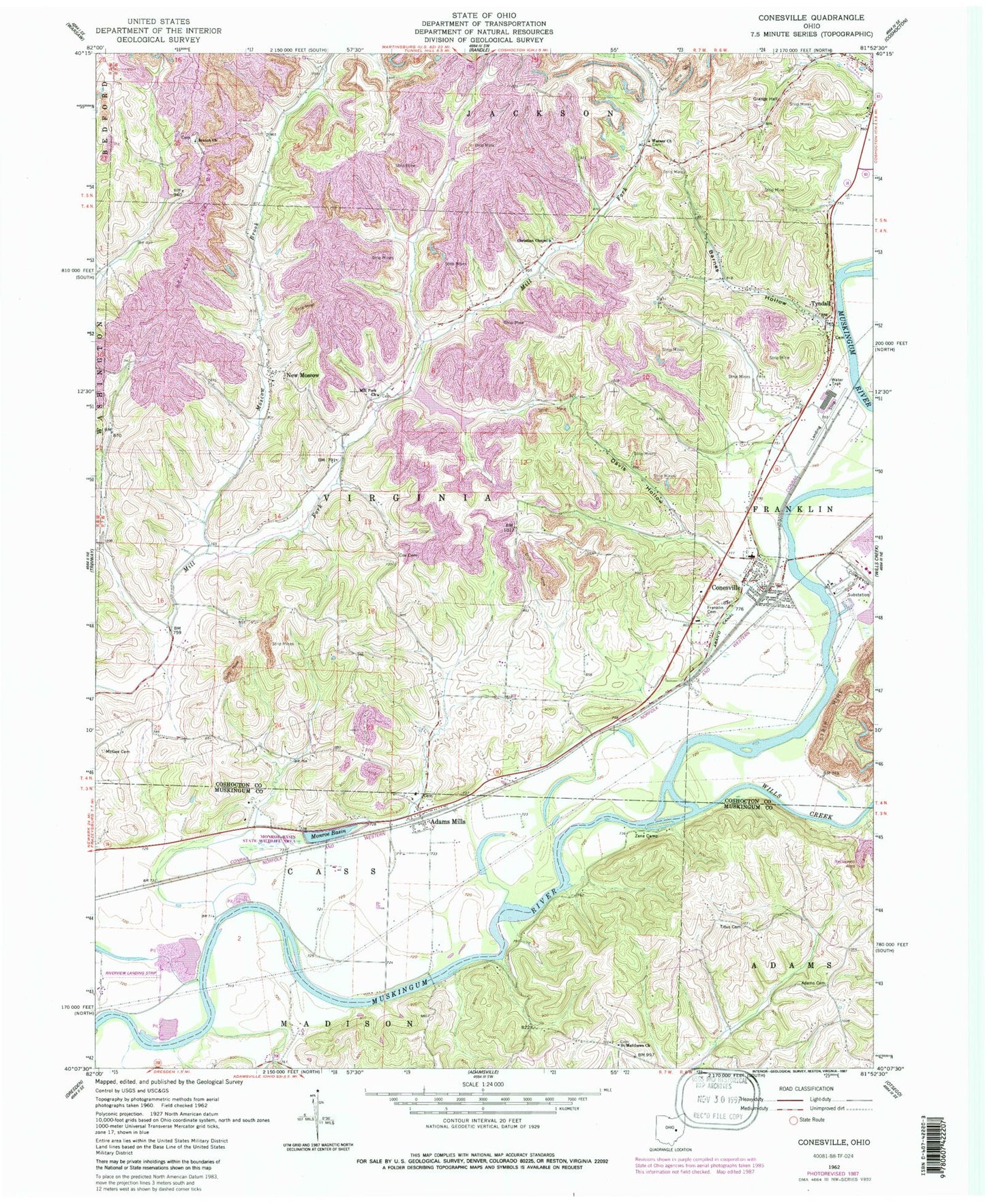 Classic USGS Conesville Ohio 7.5'x7.5' Topo Map Image