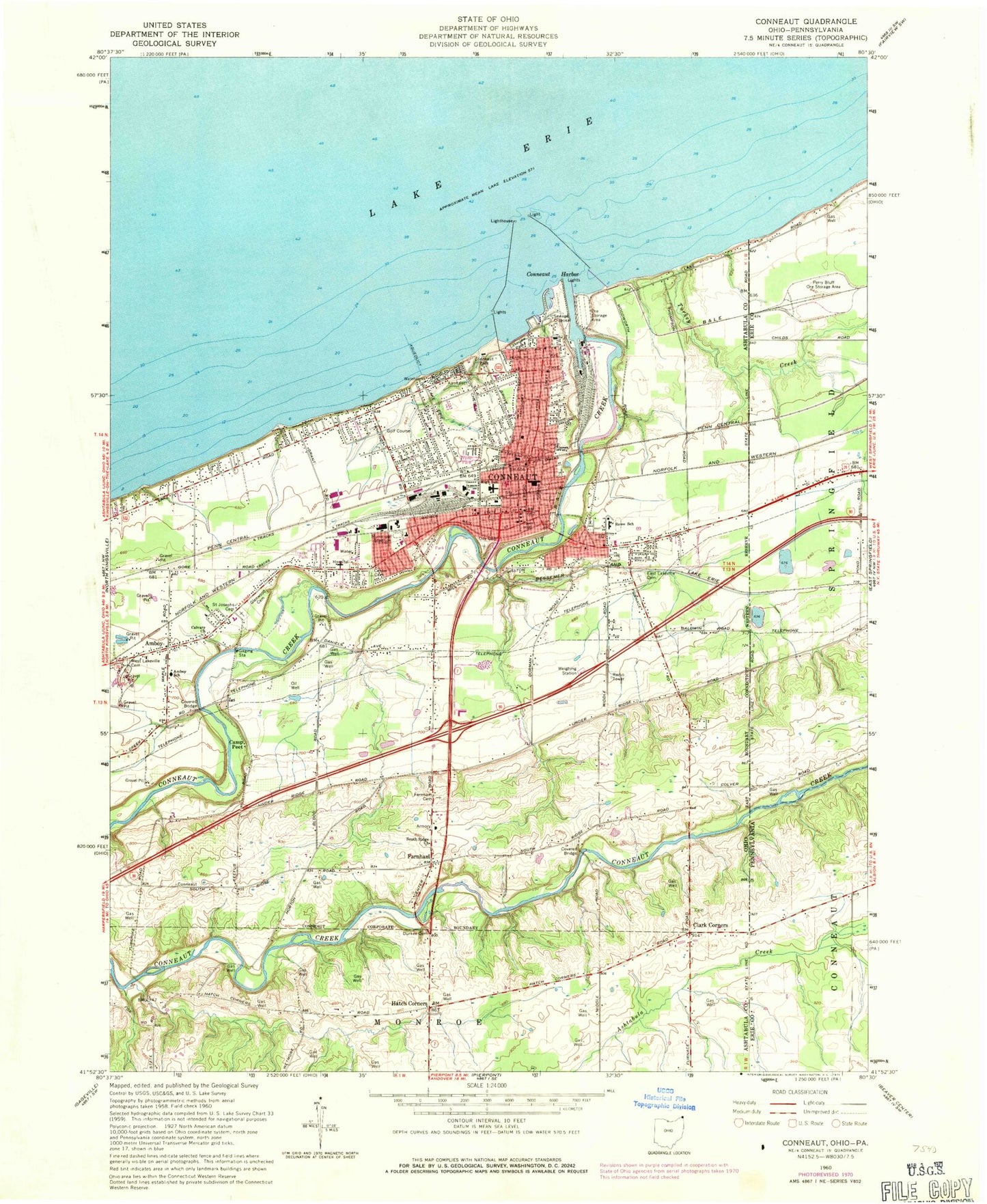 Classic USGS Conneaut Ohio 7.5'x7.5' Topo Map Image
