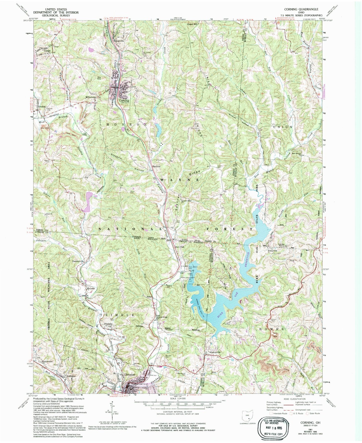 Classic USGS Corning Ohio 7.5'x7.5' Topo Map Image