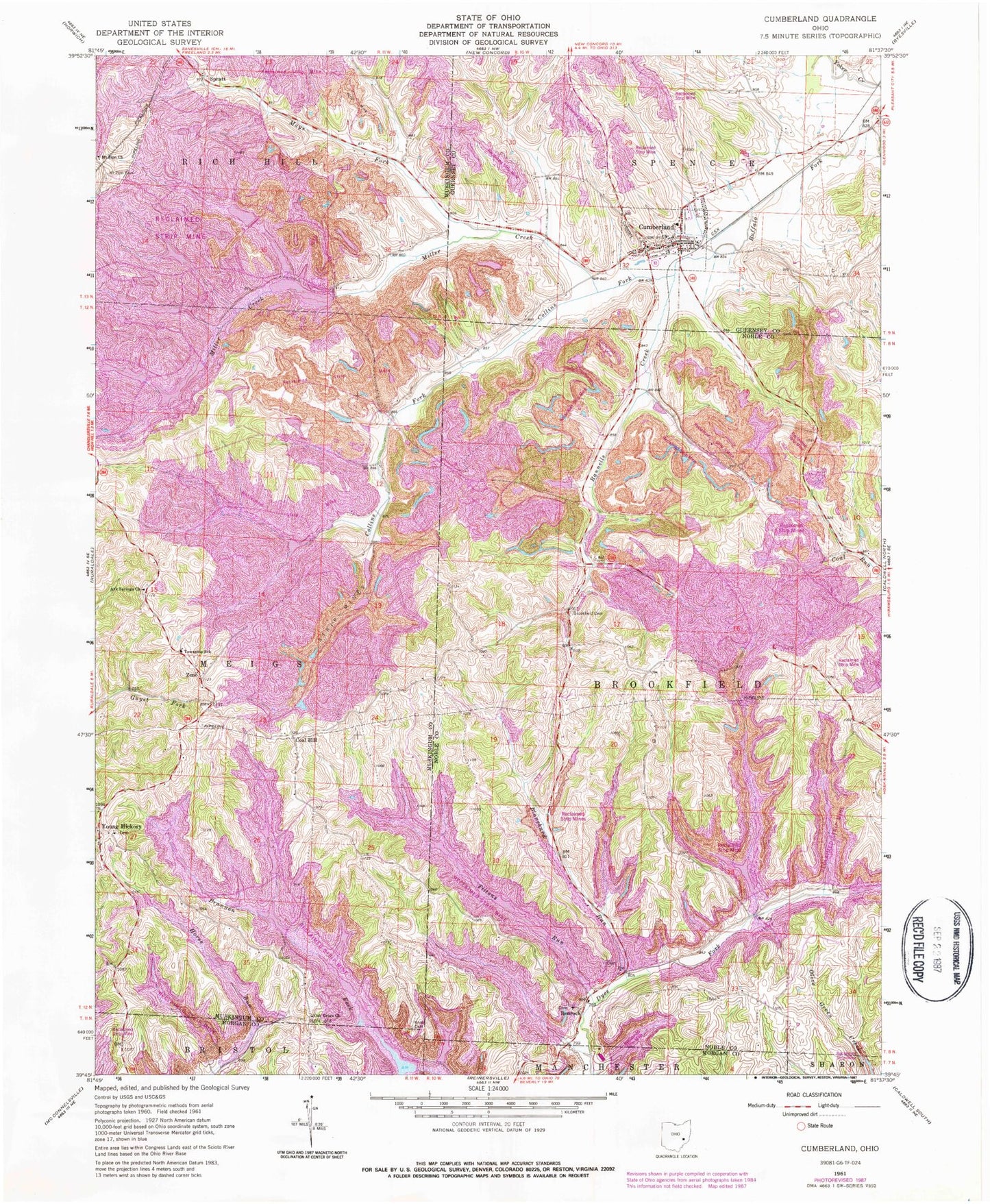 Classic USGS Cumberland Ohio 7.5'x7.5' Topo Map Image