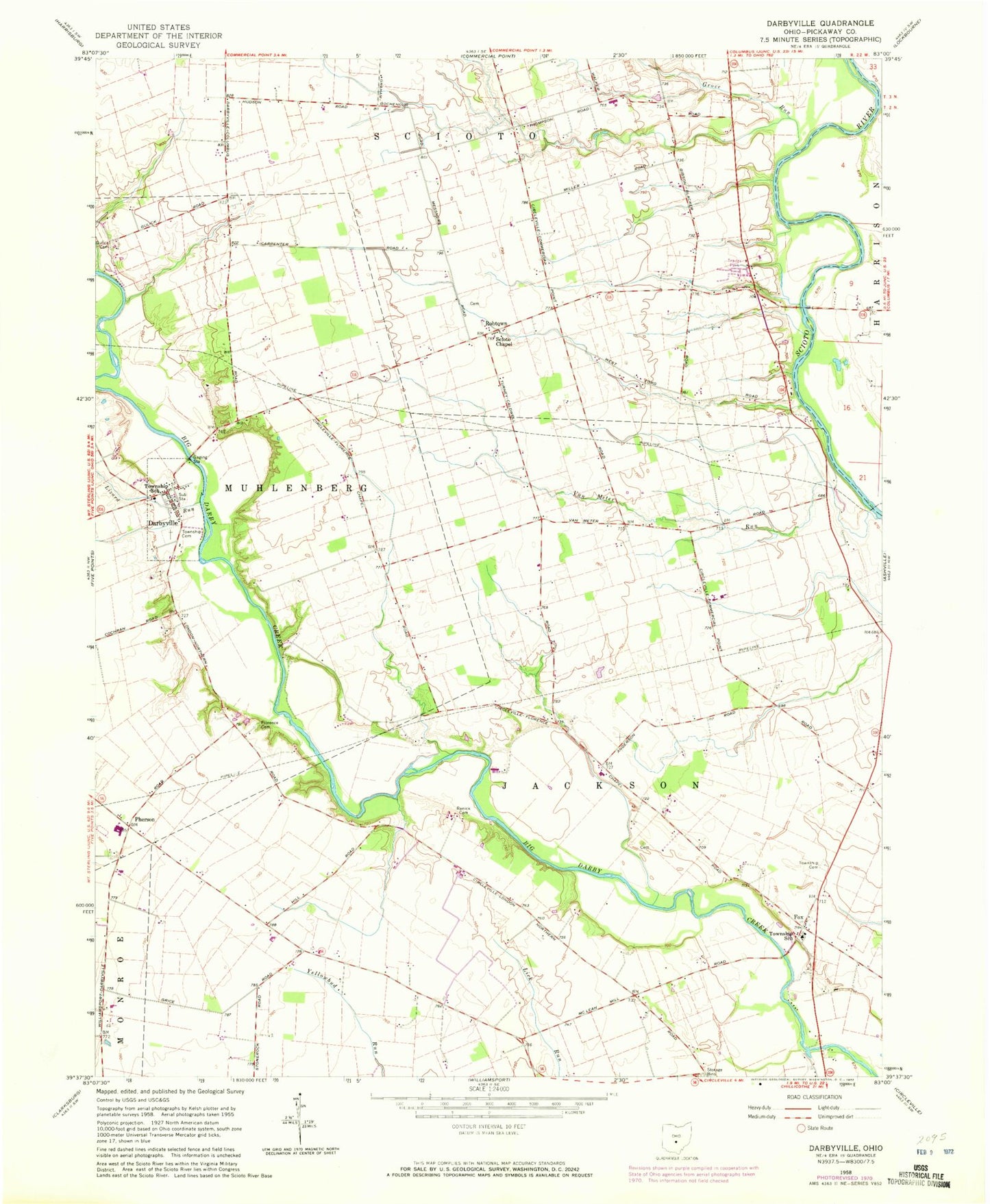 Classic USGS Darbyville Ohio 7.5'x7.5' Topo Map Image
