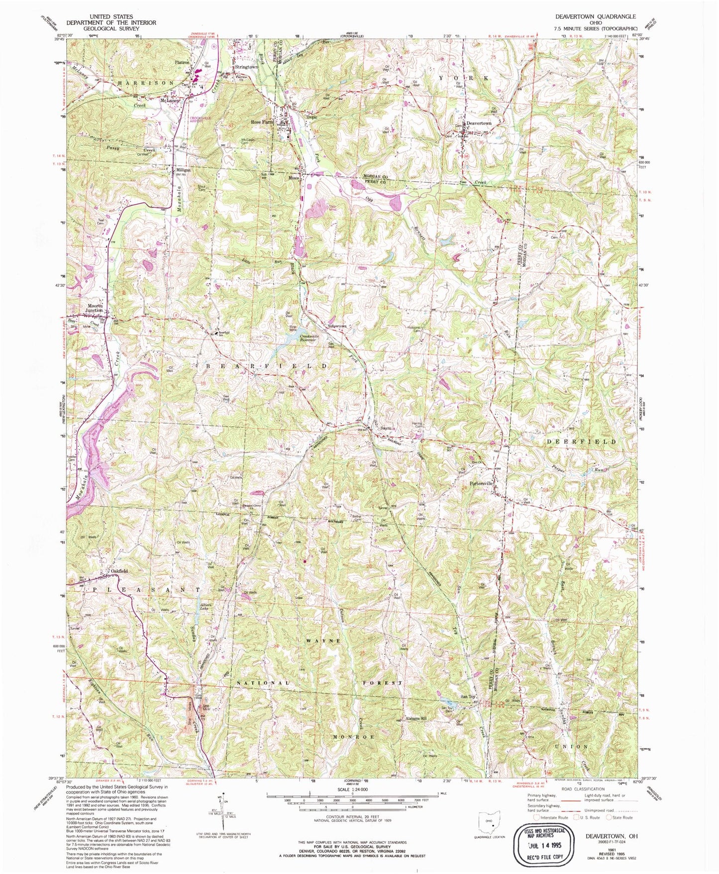 Classic USGS Deavertown Ohio 7.5'x7.5' Topo Map Image