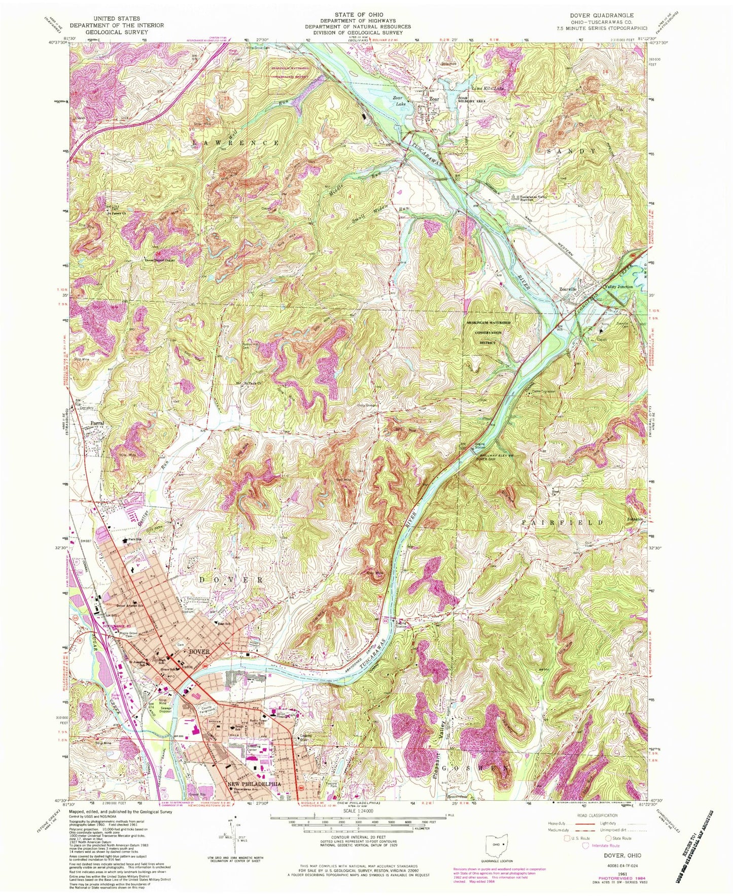 Classic USGS Dover Ohio 7.5'x7.5' Topo Map Image
