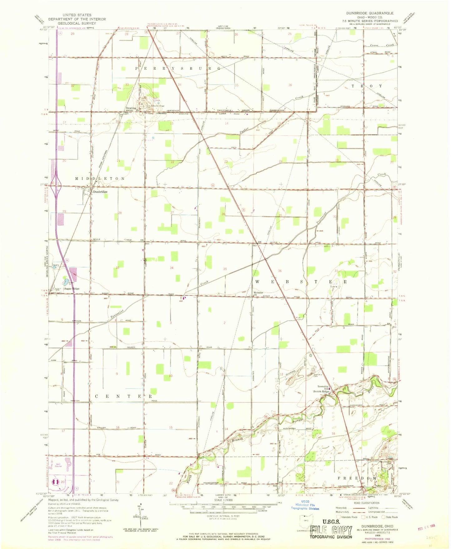 Classic USGS Dunbridge Ohio 7.5'x7.5' Topo Map Image