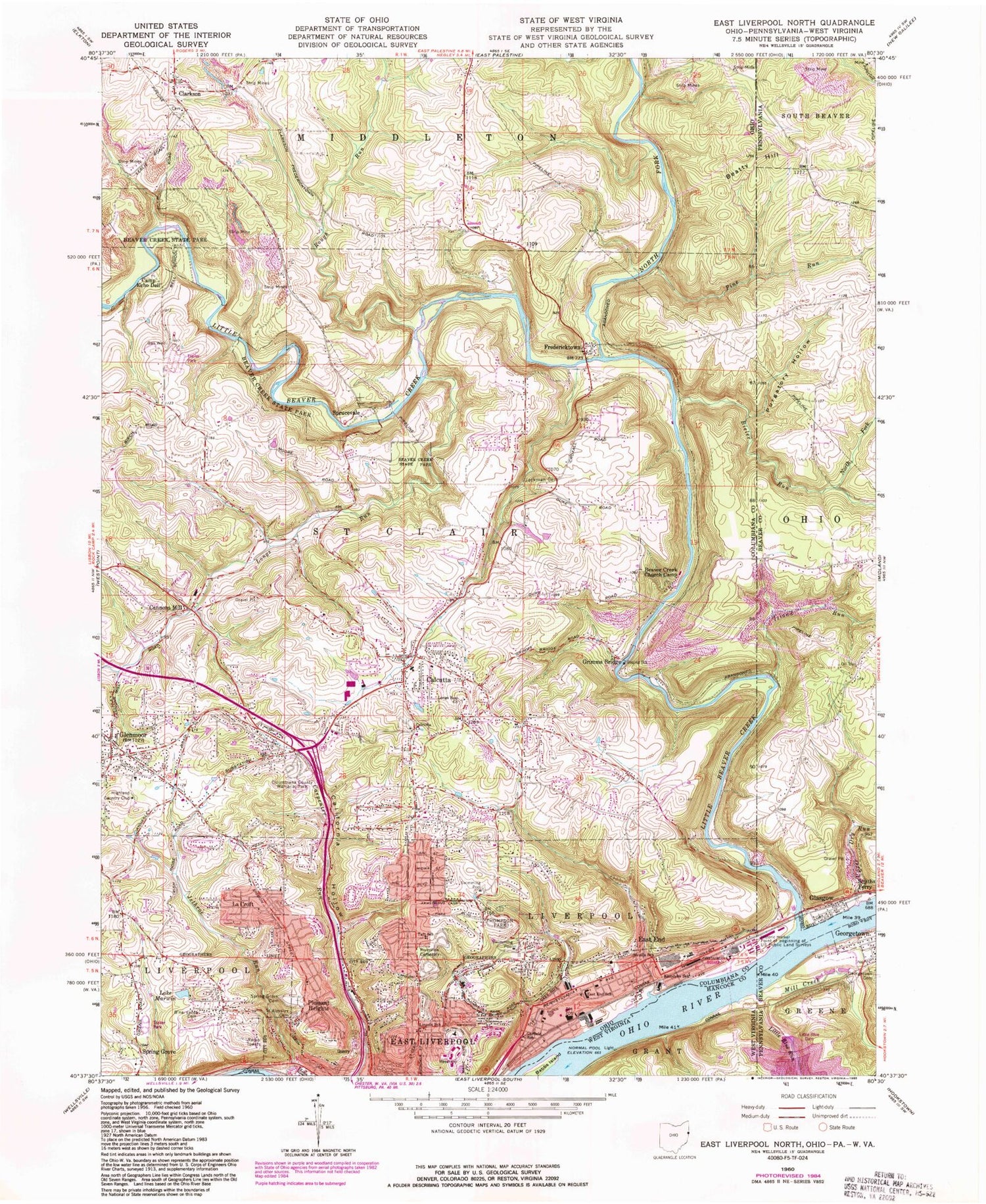 Classic USGS East Liverpool North Ohio 7.5'x7.5' Topo Map Image