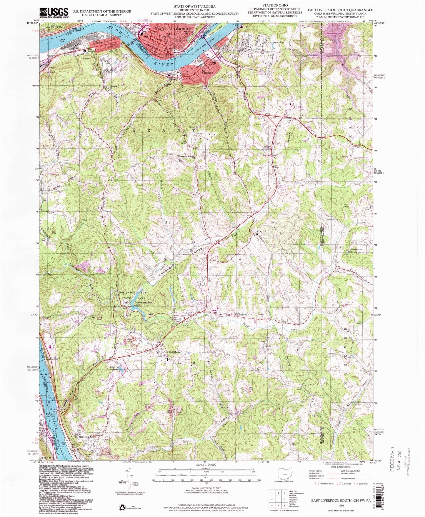 Classic USGS East Liverpool South Ohio 7.5'x7.5' Topo Map Image