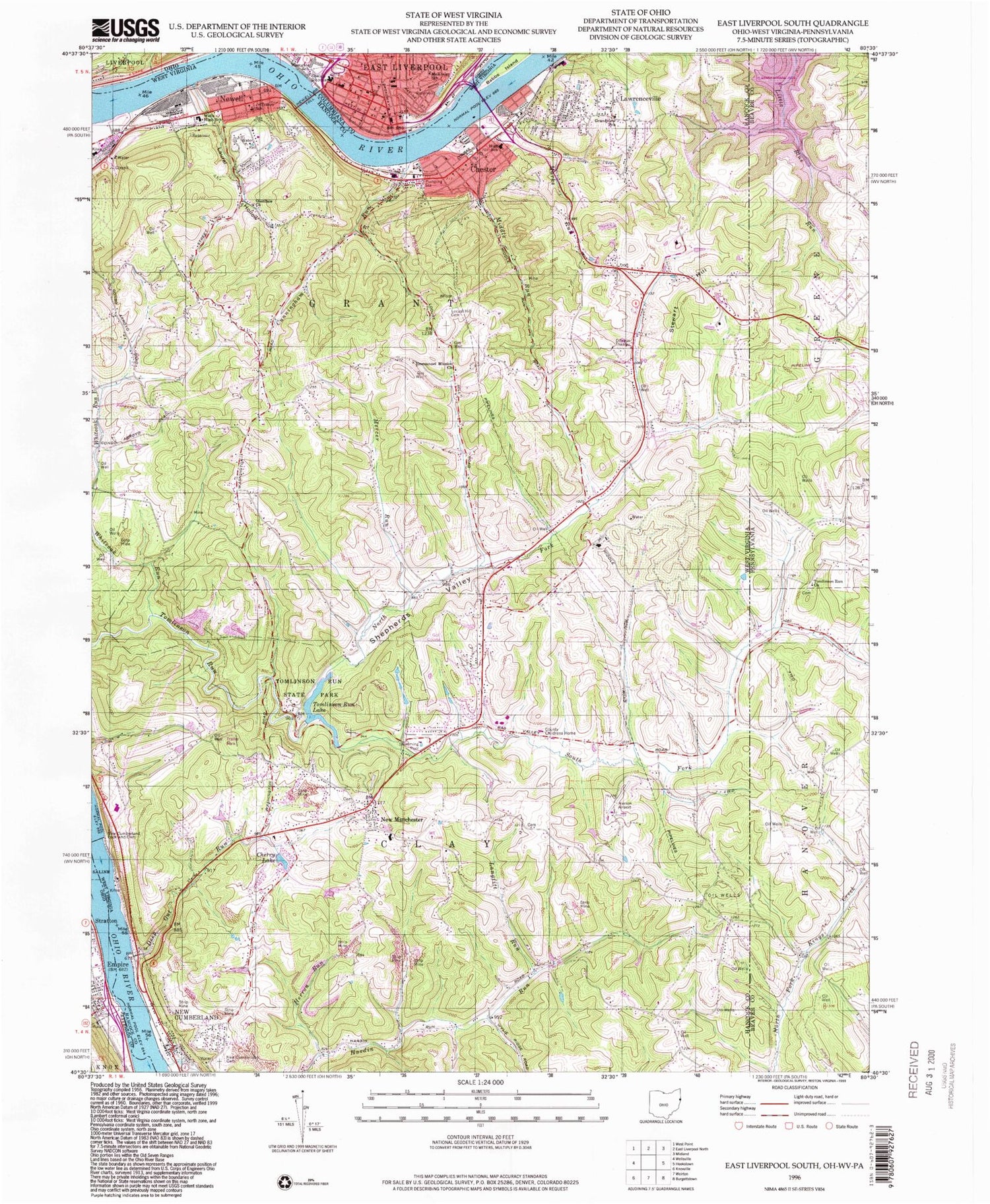 Classic USGS East Liverpool South Ohio 7.5'x7.5' Topo Map Image