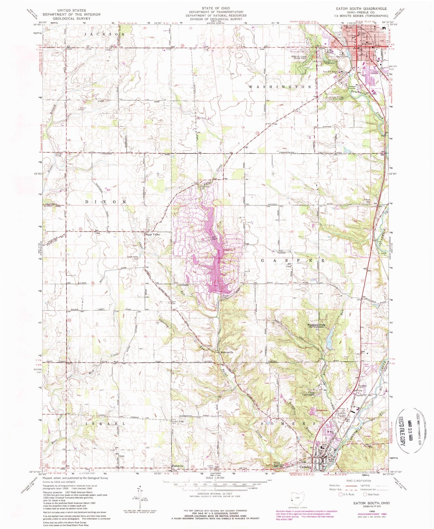 Classic USGS Eaton South Ohio 7.5'x7.5' Topo Map Image