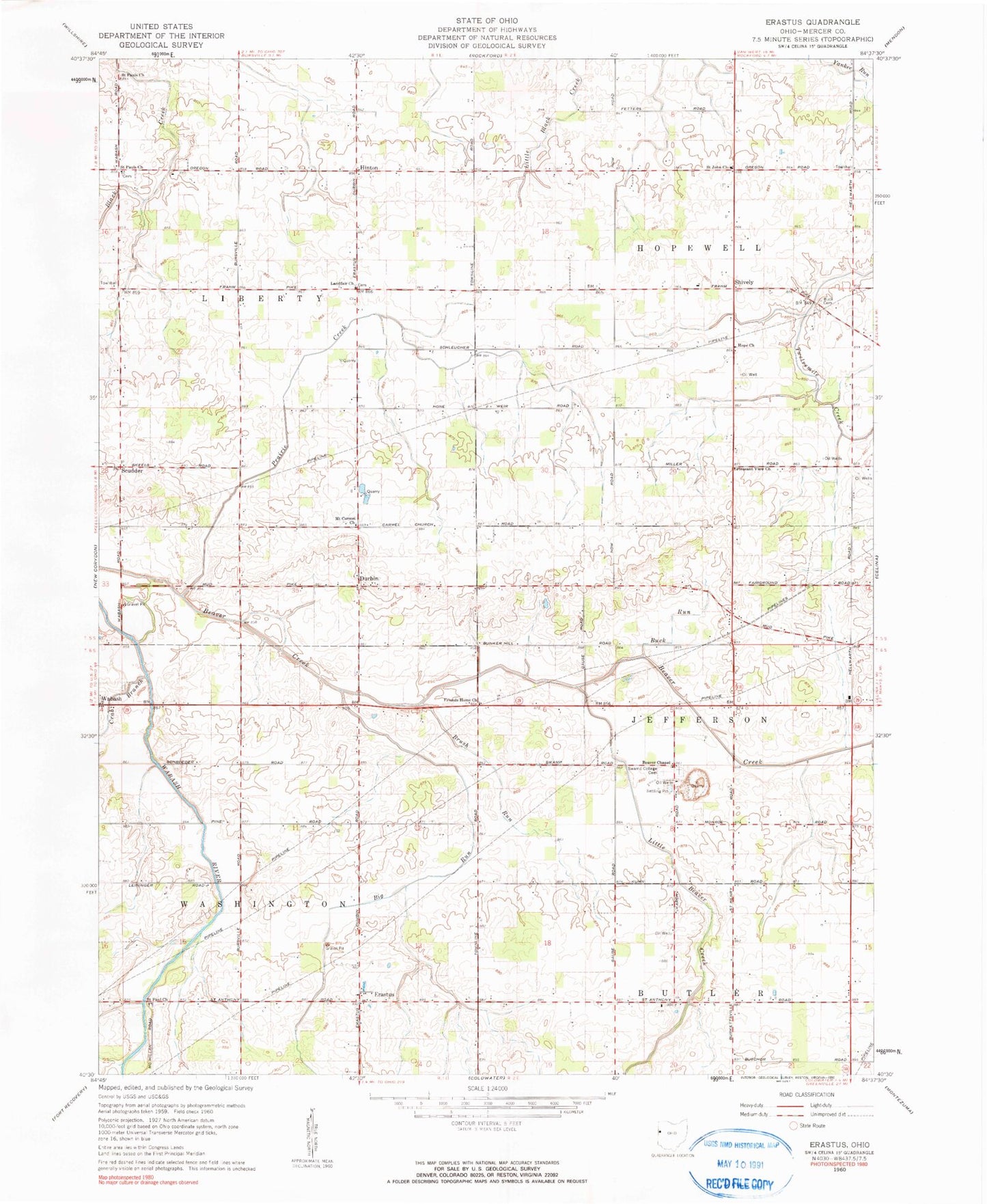 Classic USGS Erastus Ohio 7.5'x7.5' Topo Map Image