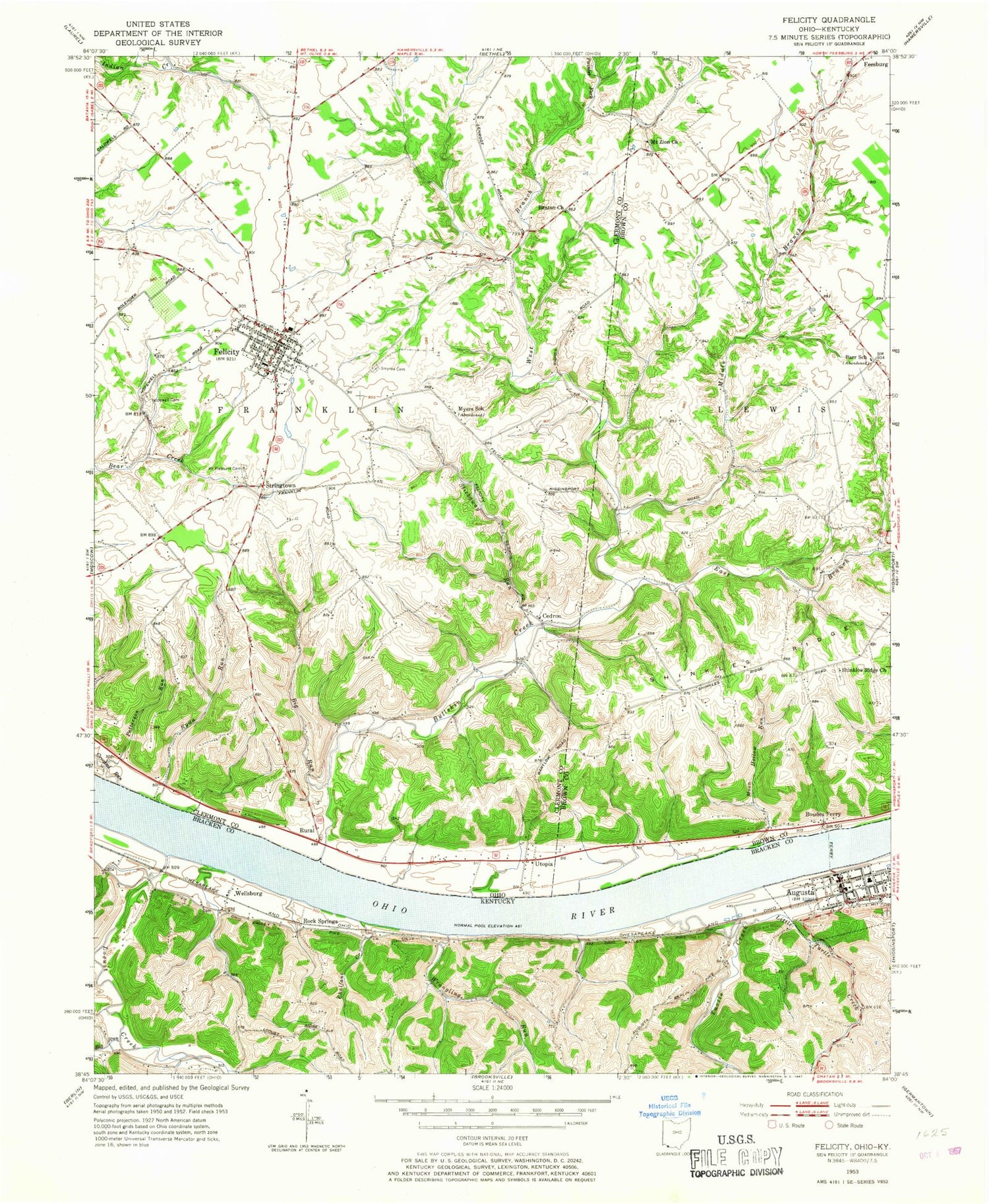 Classic USGS Felicity Ohio 7.5'x7.5' Topo Map Image