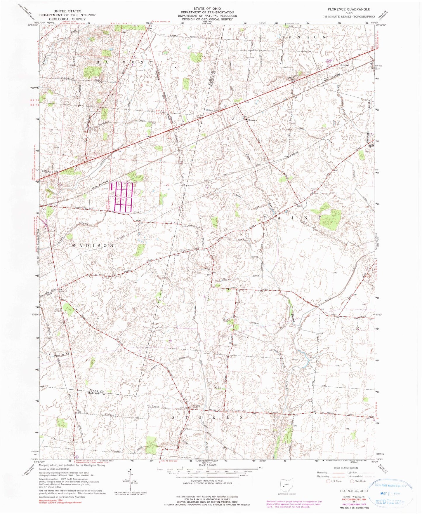 Classic USGS Florence Ohio 7.5'x7.5' Topo Map Image
