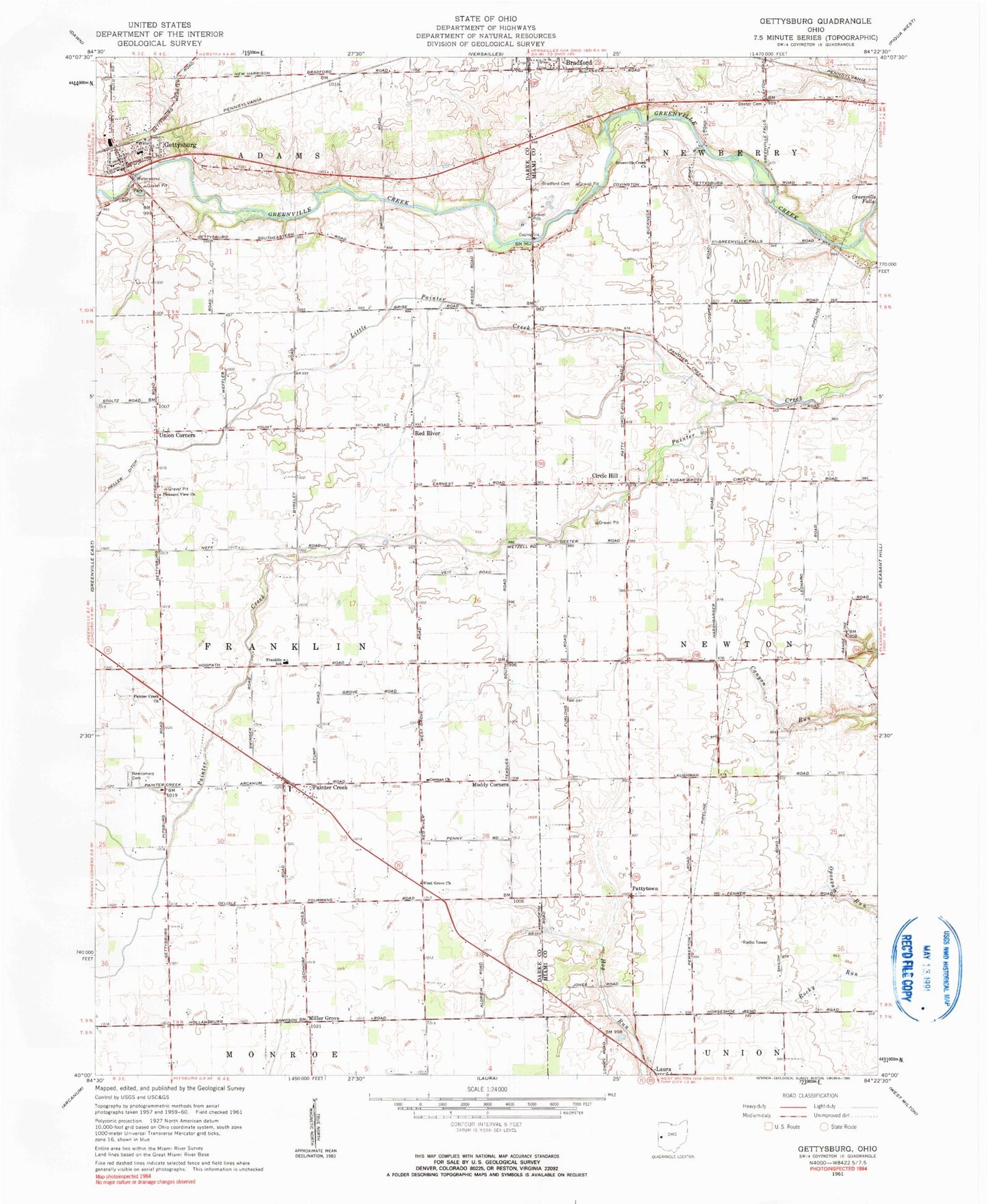 Classic USGS Gettysburg Ohio 7.5'x7.5' Topo Map Image
