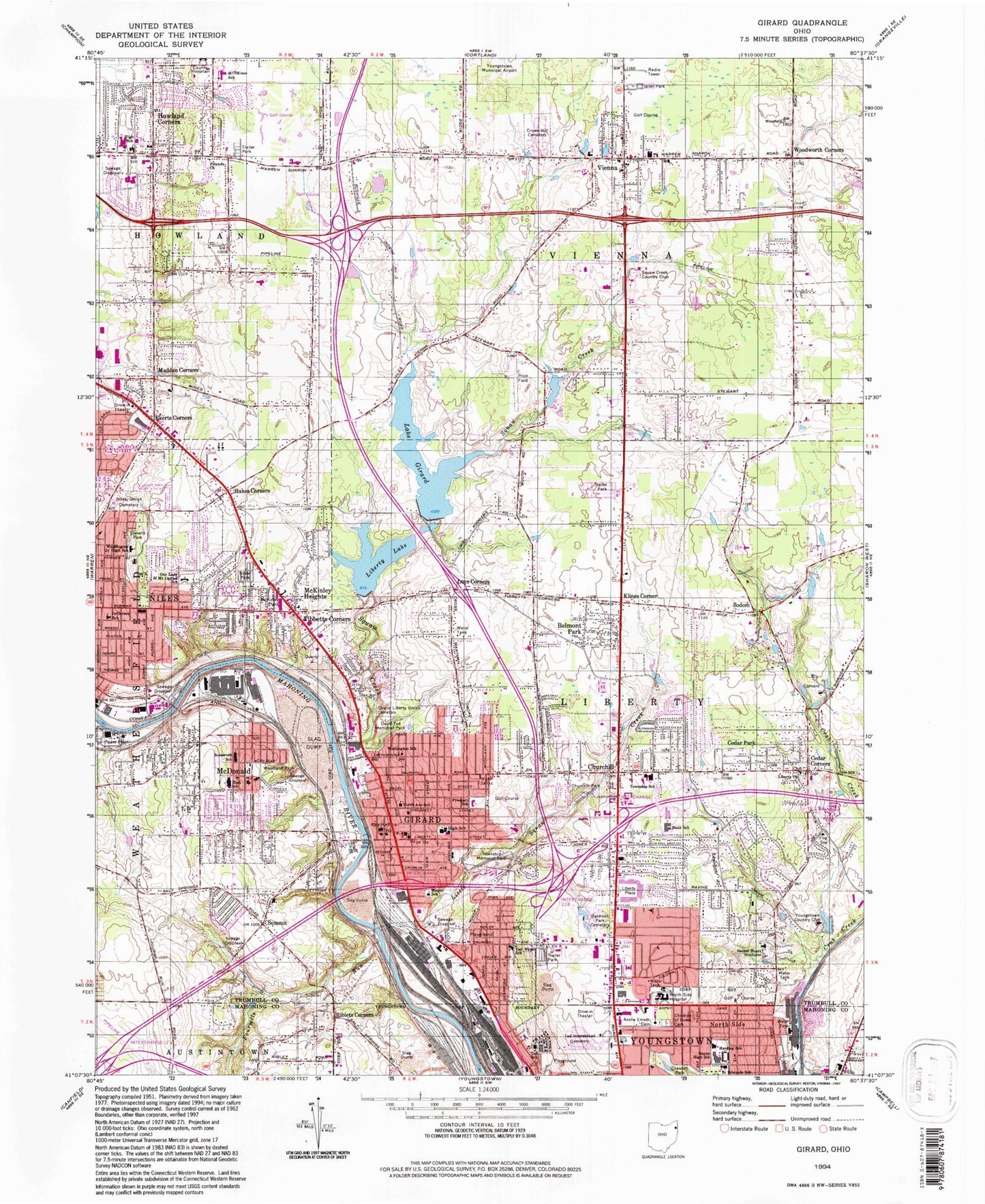 Classic USGS Girard Ohio 7.5'x7.5' Topo Map Image