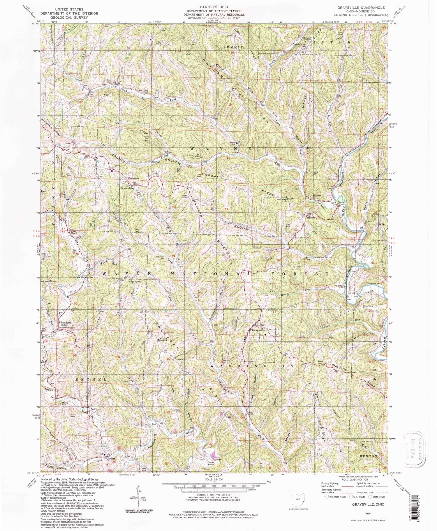 Classic USGS Graysville Ohio 7.5'x7.5' Topo Map Image