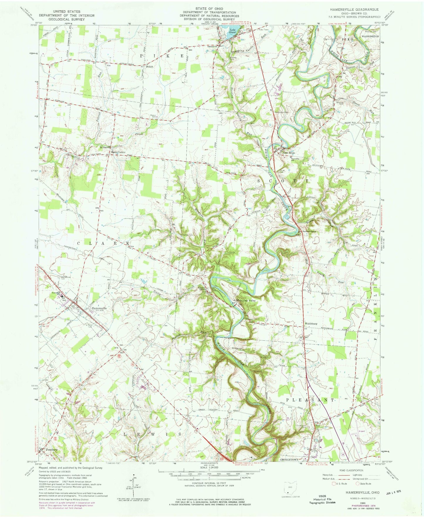Classic USGS Hamersville Ohio 7.5'x7.5' Topo Map Image