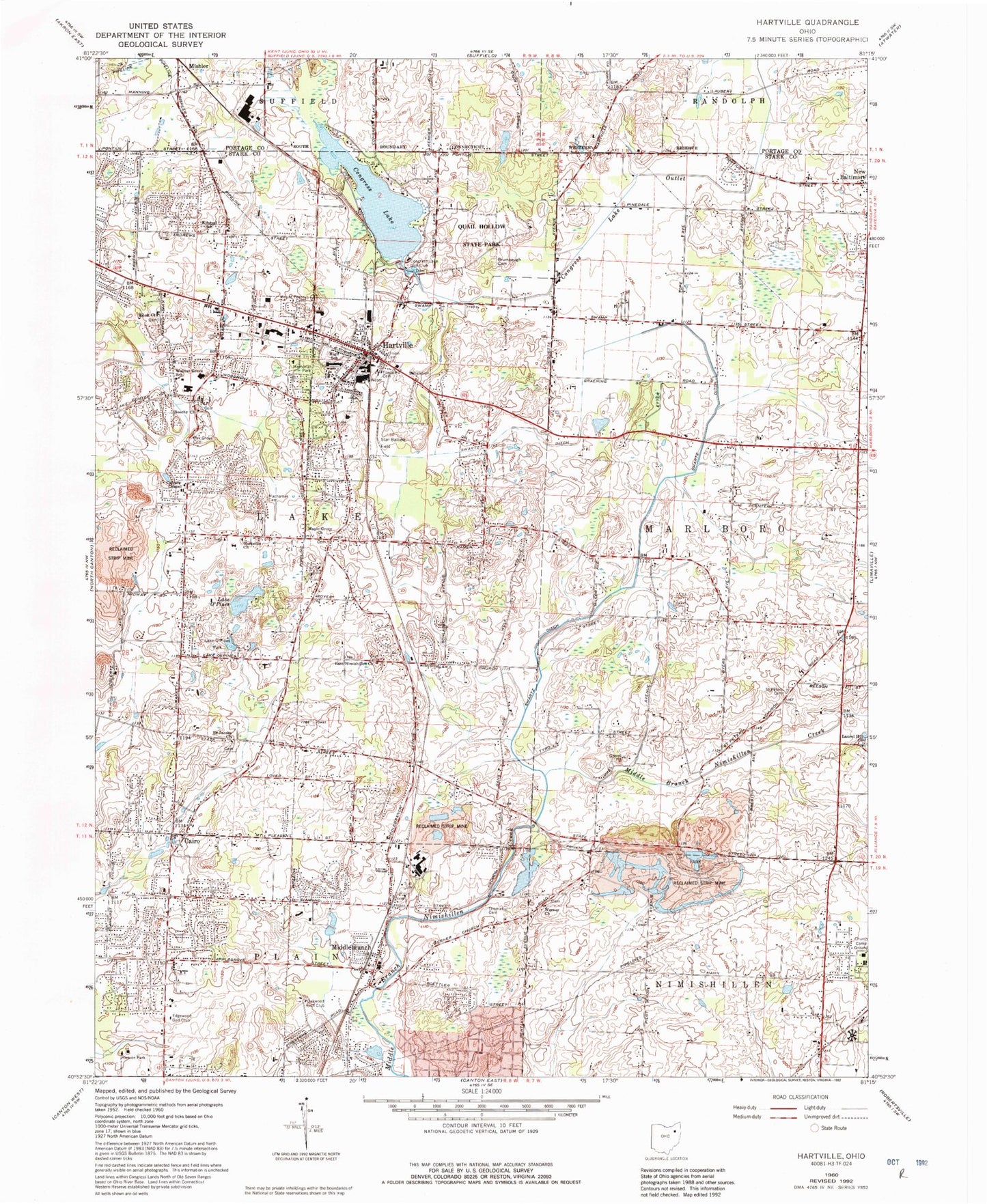 Classic USGS Hartville Ohio 7.5'x7.5' Topo Map Image