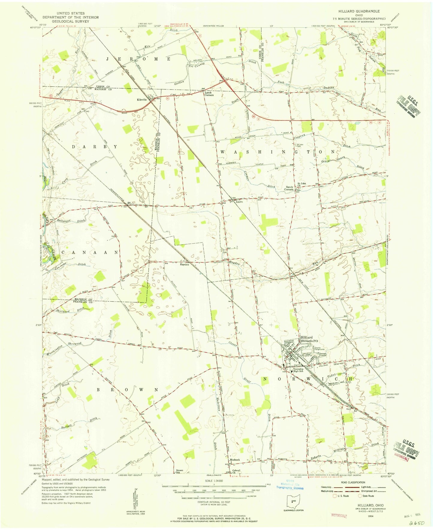 Classic USGS Hilliard Ohio 7.5'x7.5' Topo Map Image