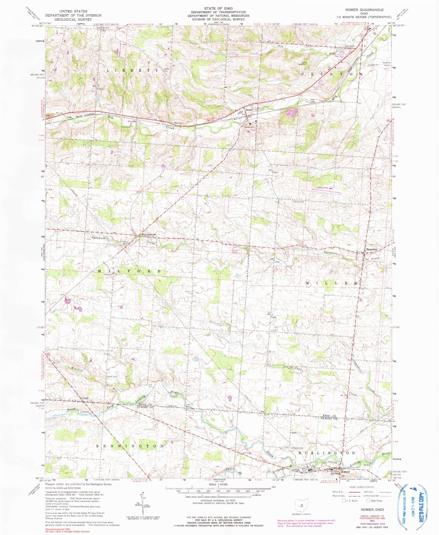 Classic USGS Homer Ohio 7.5'x7.5' Topo Map Image