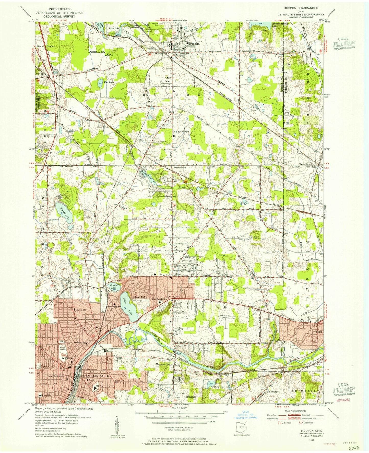 Classic USGS Hudson Ohio 7.5'x7.5' Topo Map Image