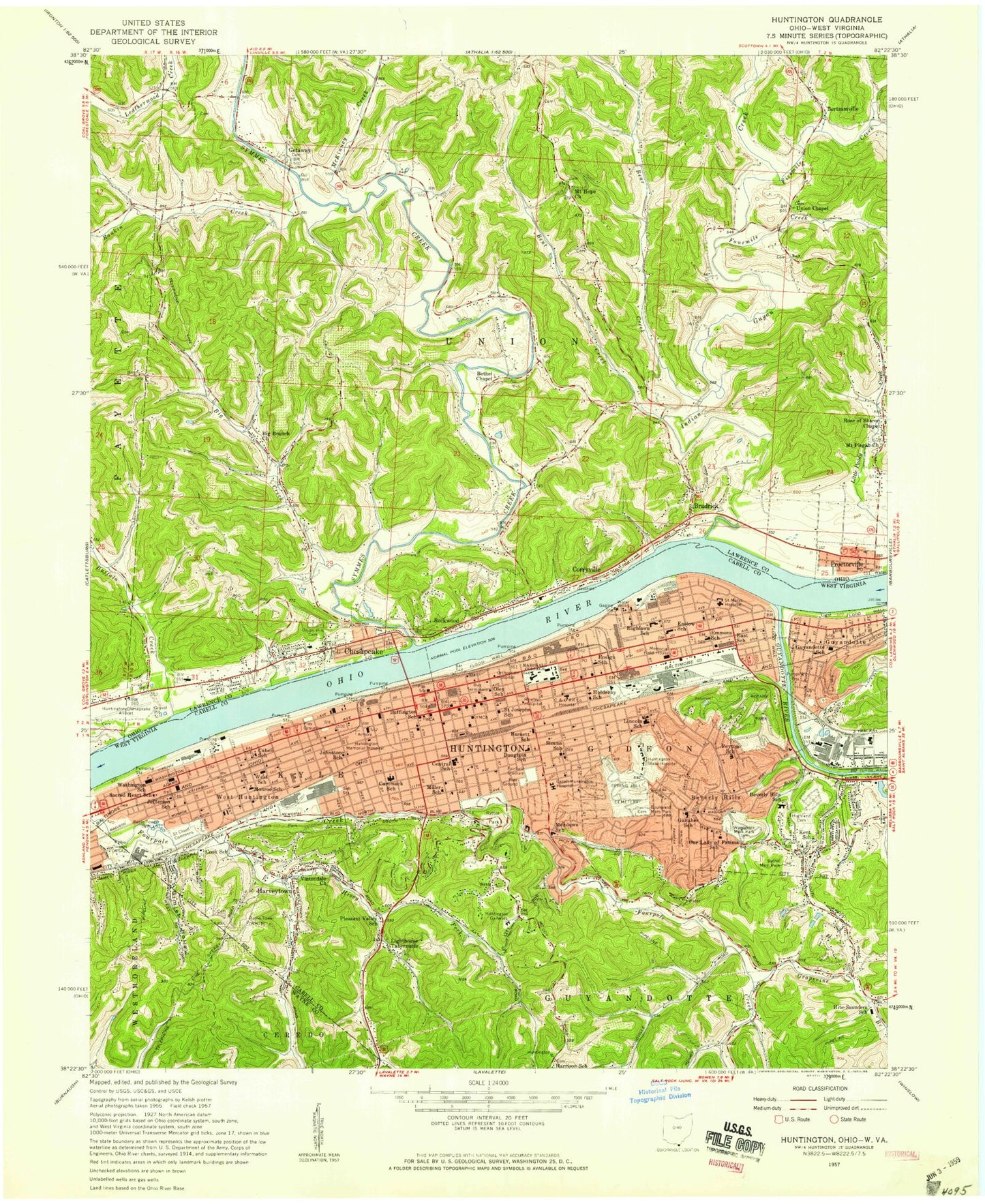 Classic USGS Huntington West Virginia 7.5'x7.5' Topo Map Image