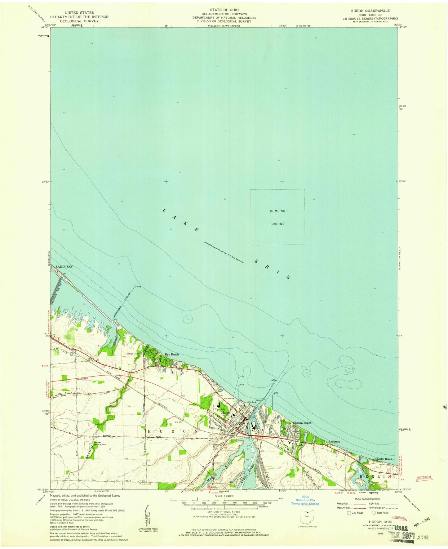 Classic USGS Huron Ohio 7.5'x7.5' Topo Map Image