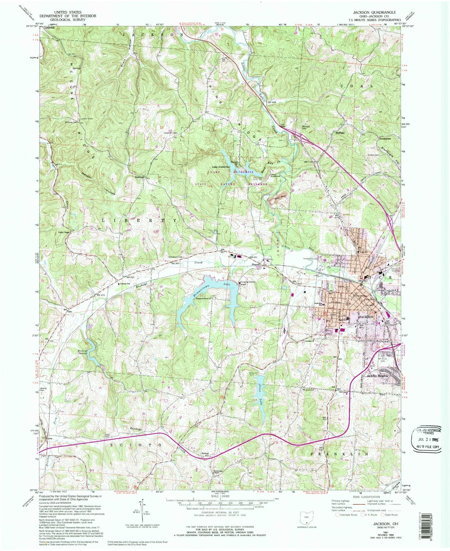 Classic USGS Jackson Ohio 7.5'x7.5' Topo Map Image