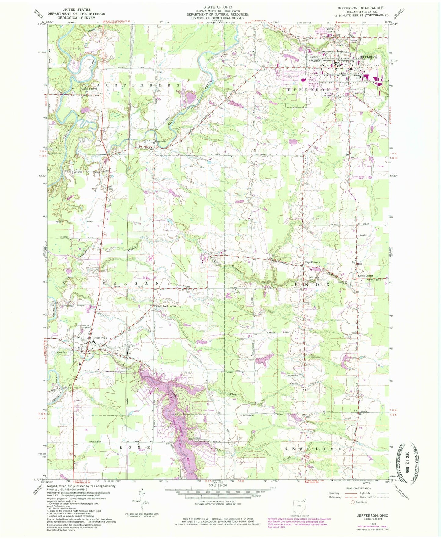 Classic USGS Jefferson Ohio 7.5'x7.5' Topo Map Image