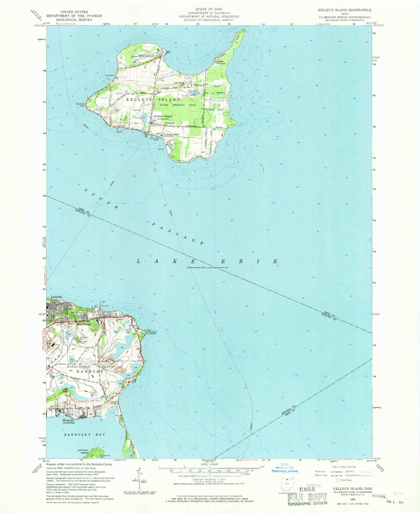 Classic USGS Kelleys Island Ohio 7.5'x7.5' Topo Map Image