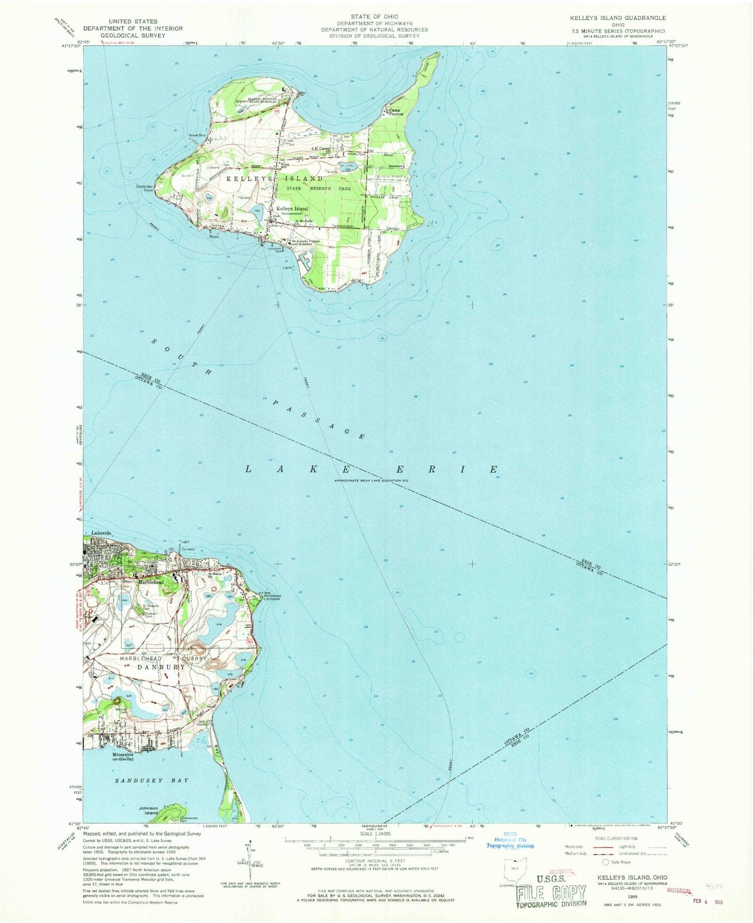 Classic USGS Kelleys Island Ohio 7.5'x7.5' Topo Map Image