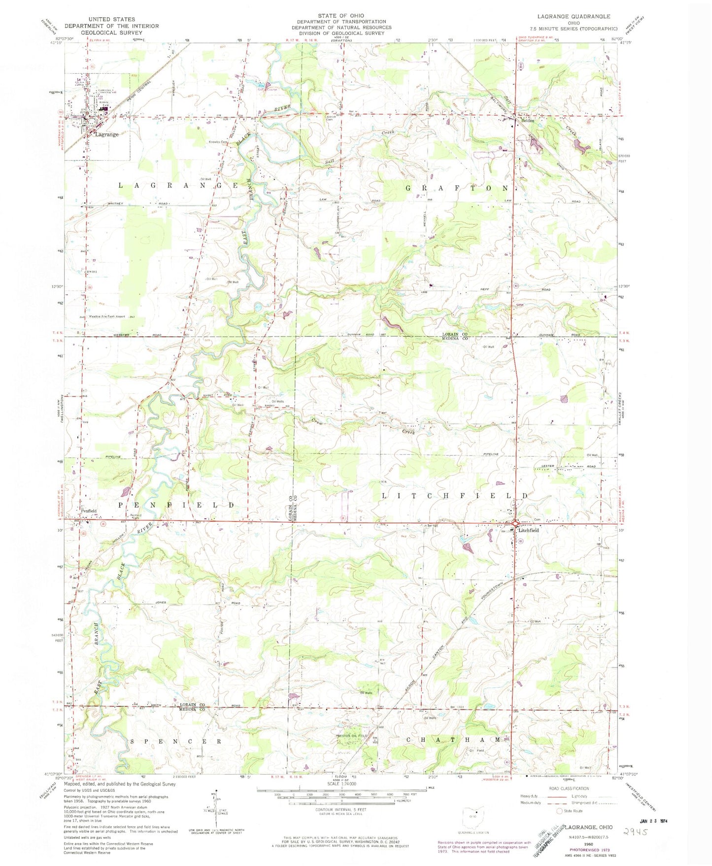 Classic USGS Lagrange Ohio 7.5'x7.5' Topo Map Image