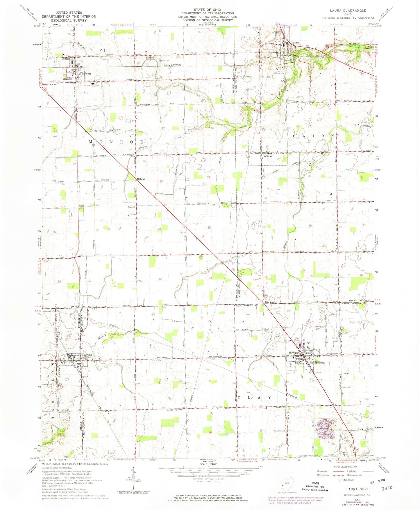 Classic USGS Laura Ohio 7.5'x7.5' Topo Map Image