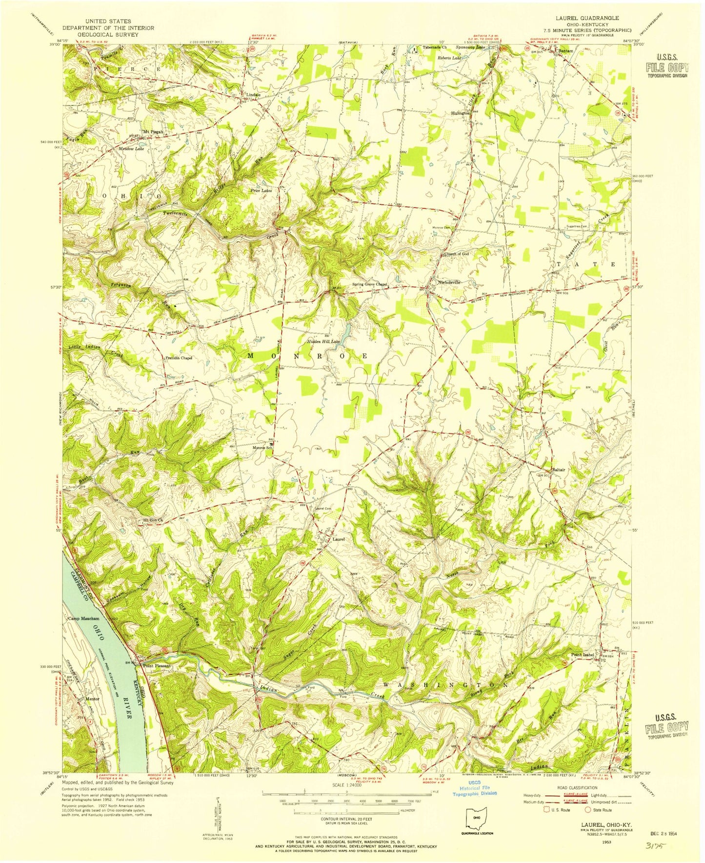 Classic USGS Laurel Ohio 7.5'x7.5' Topo Map Image