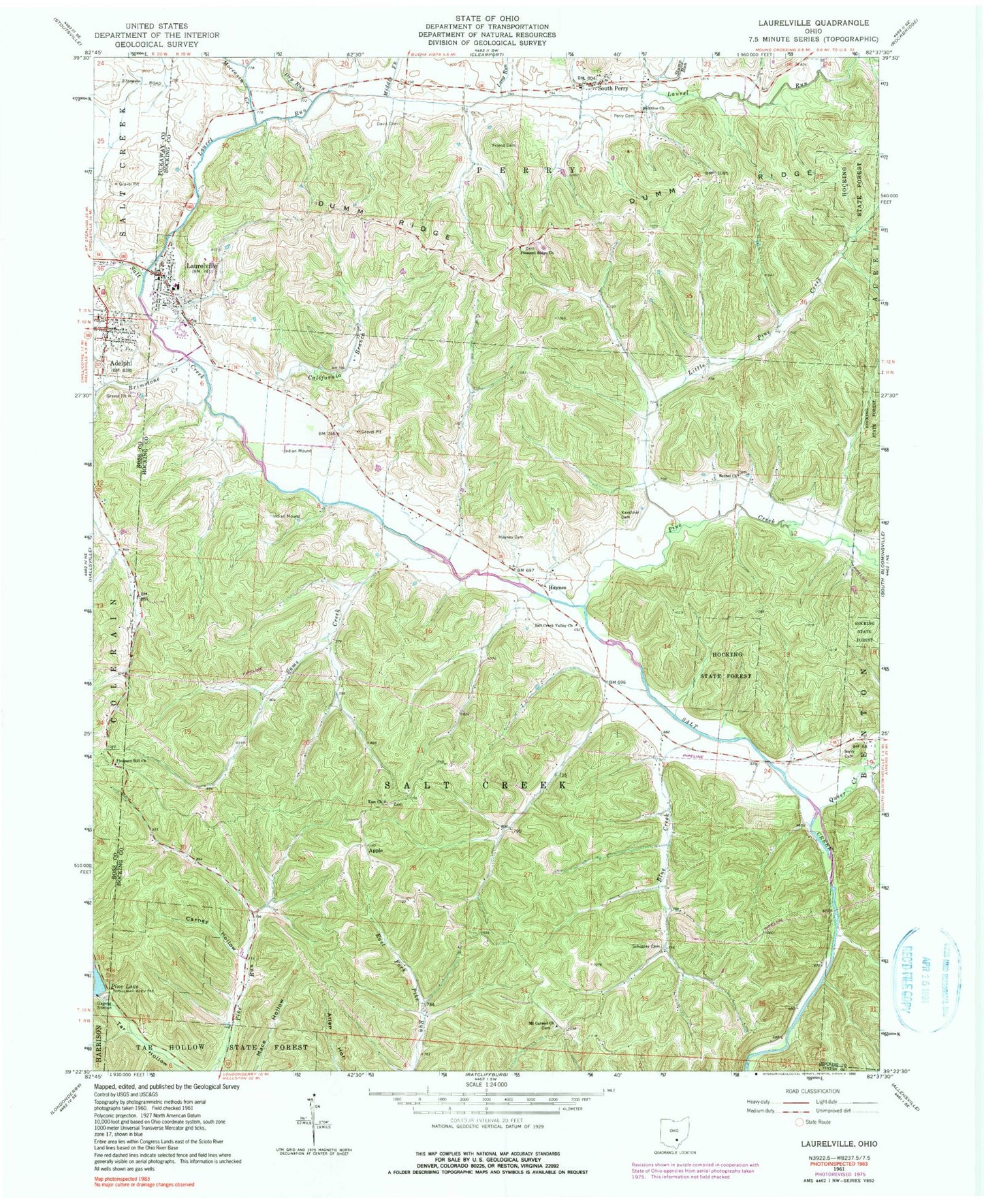 Classic USGS Laurelville Ohio 7.5'x7.5' Topo Map Image