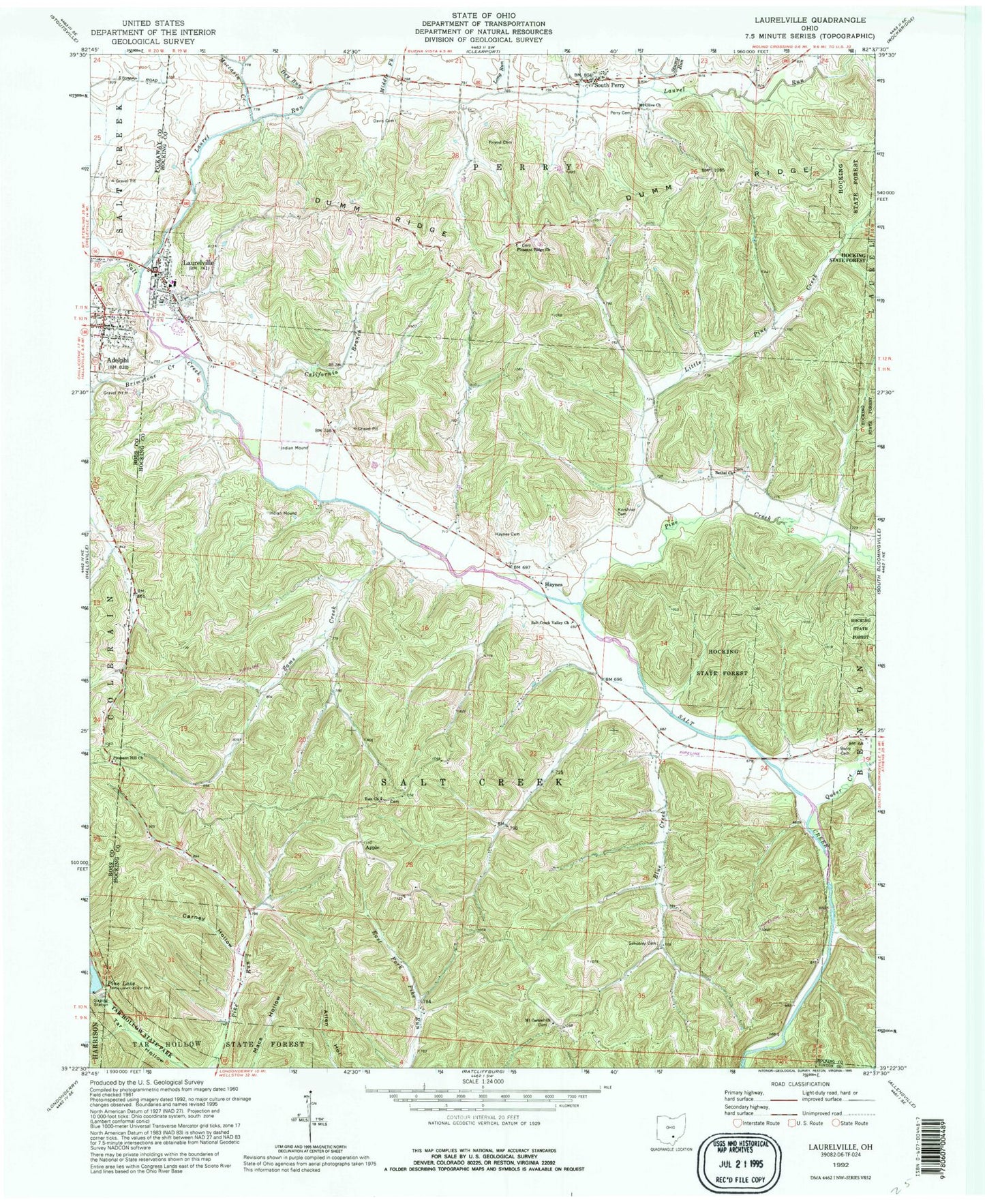 Classic USGS Laurelville Ohio 7.5'x7.5' Topo Map Image