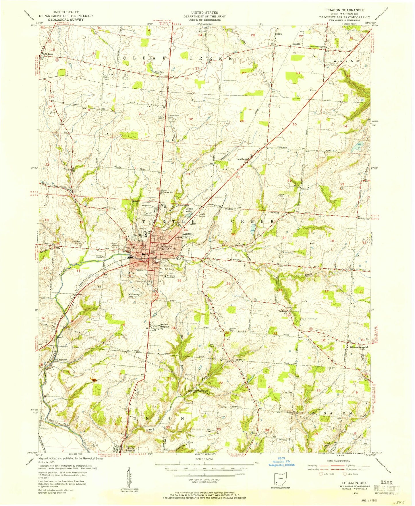 Classic USGS Lebanon Ohio 7.5'x7.5' Topo Map Image