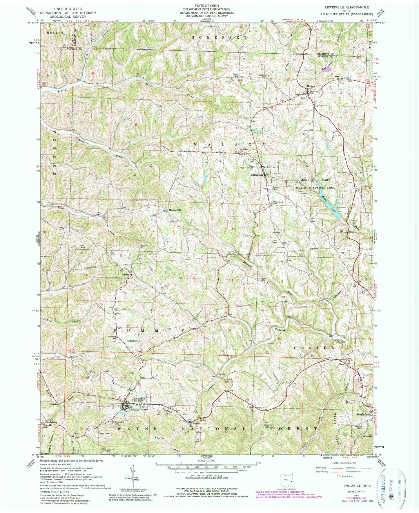 Classic USGS Lewisville Ohio 7.5'x7.5' Topo Map Image